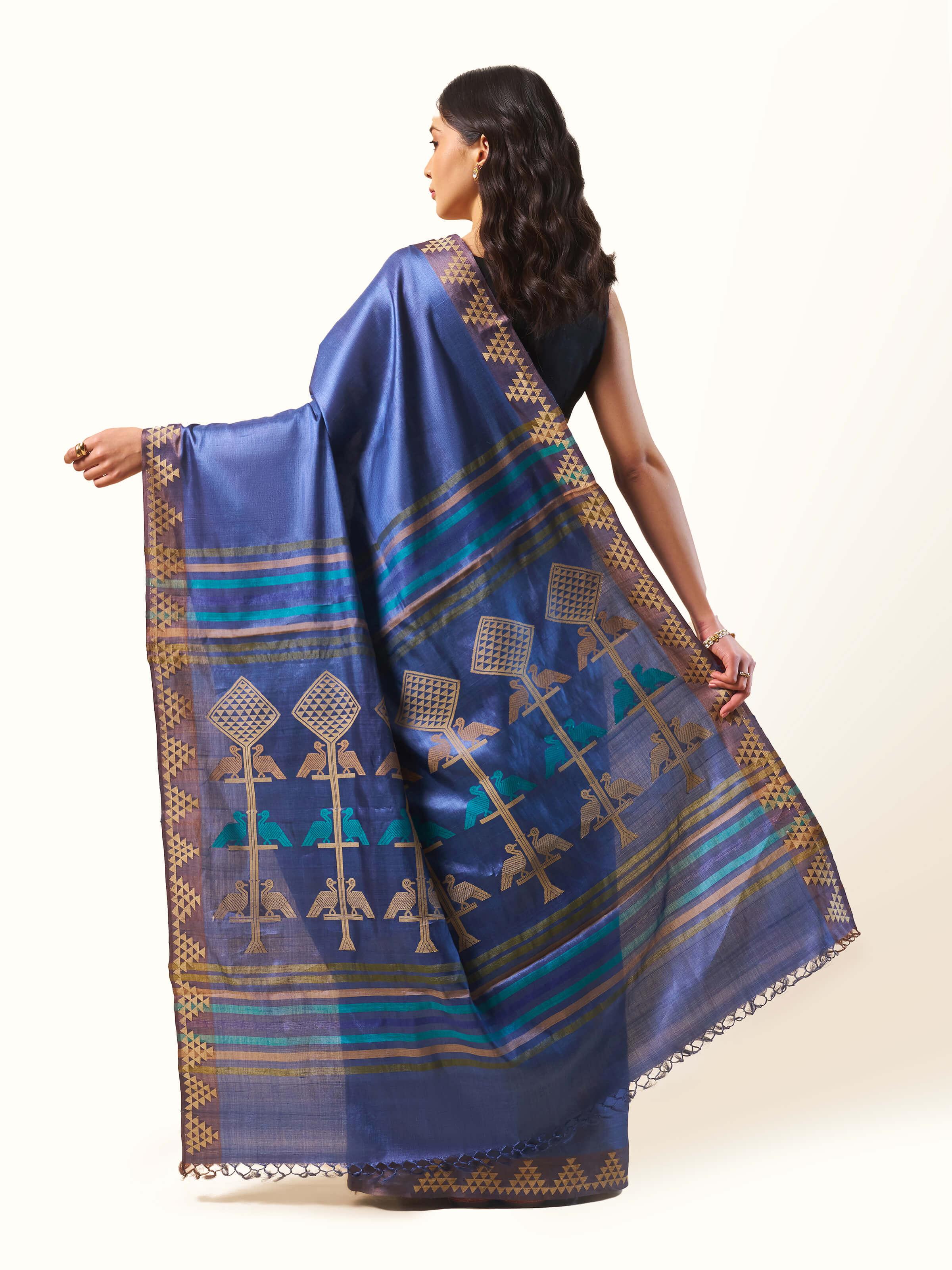 Blue Tussar Silk Extra-weft Saree