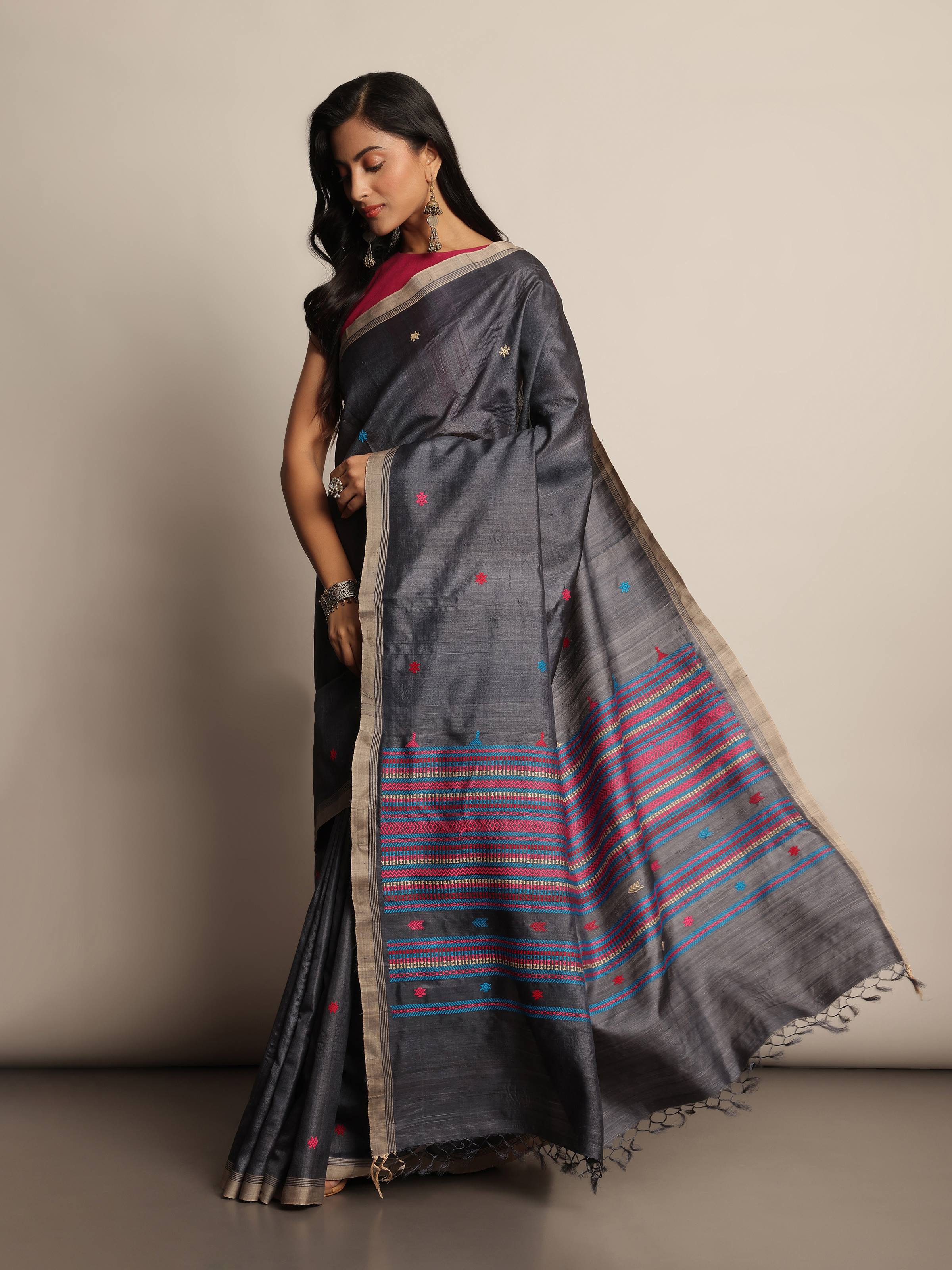 Black Tussar Silk Extra-weft Saree