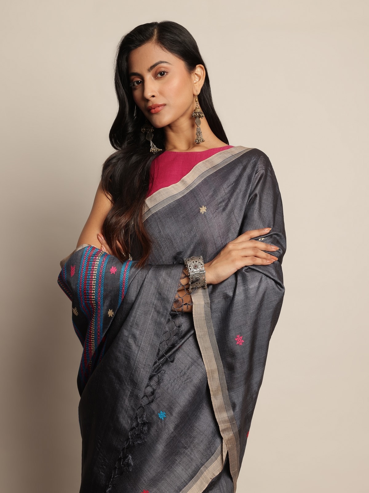 Black Tussar Silk Extra-weft Saree