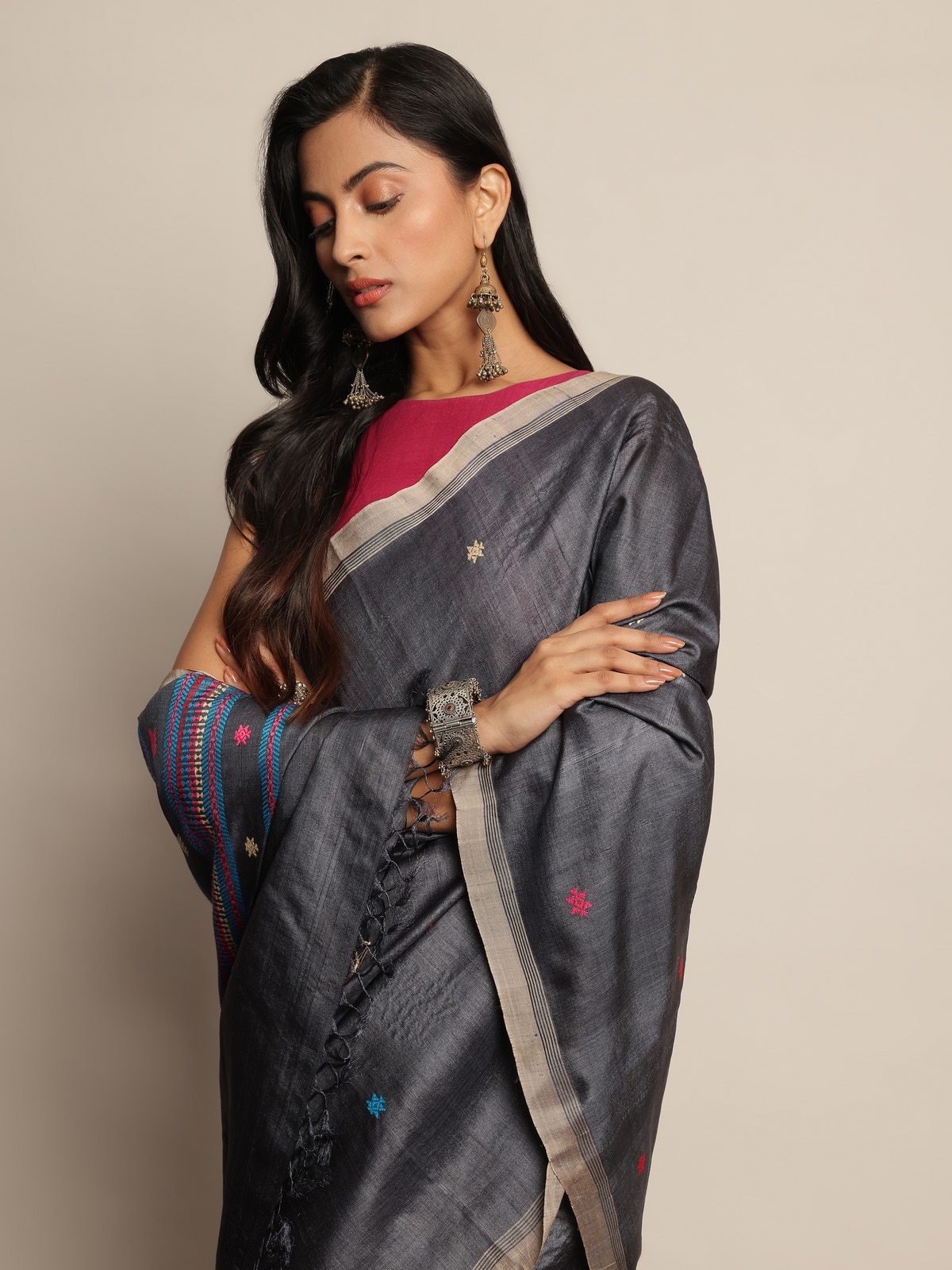 Black Tussar Silk Extra-weft Saree