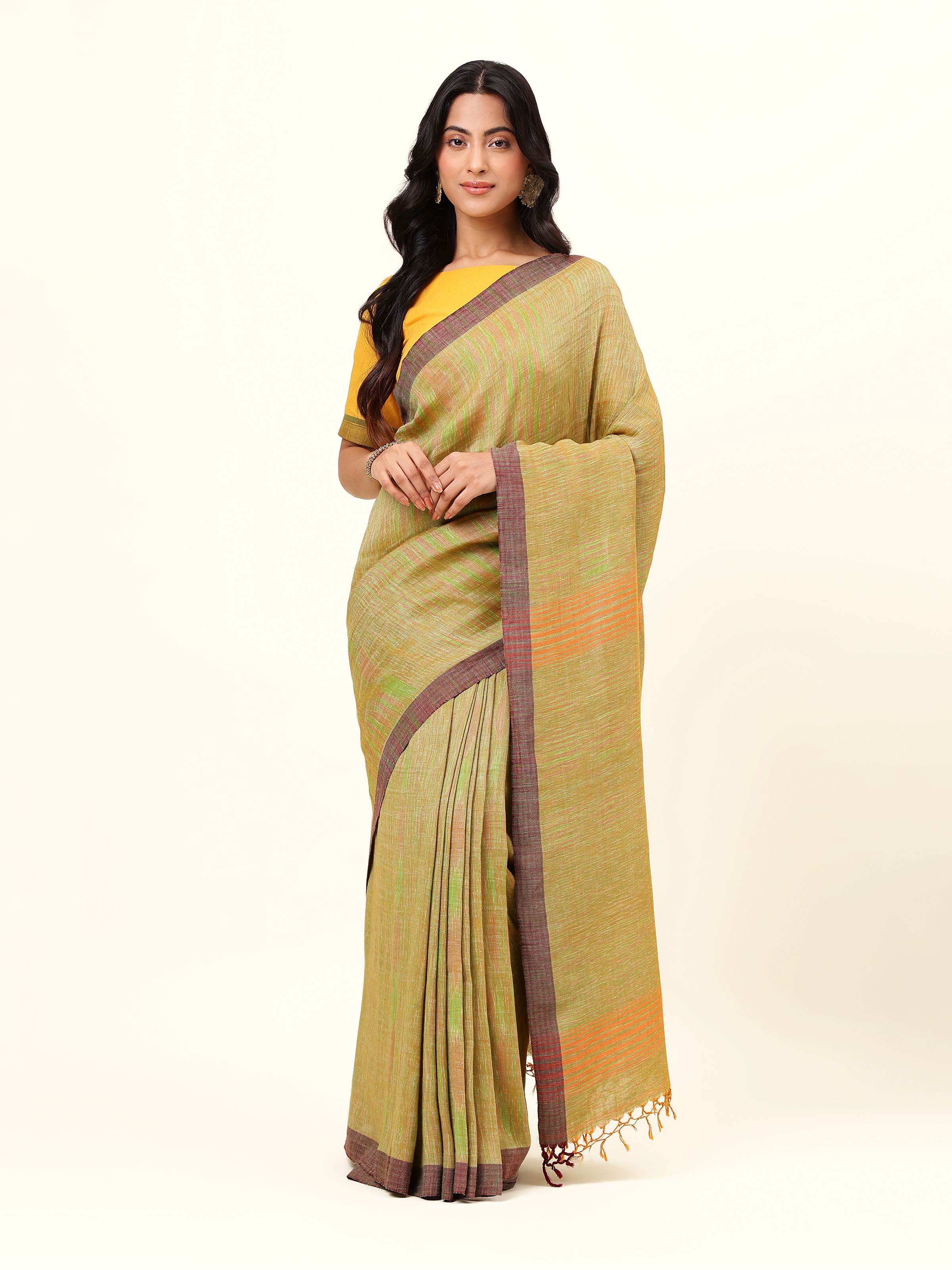 Green Space Dyed Cotton Linen Saree