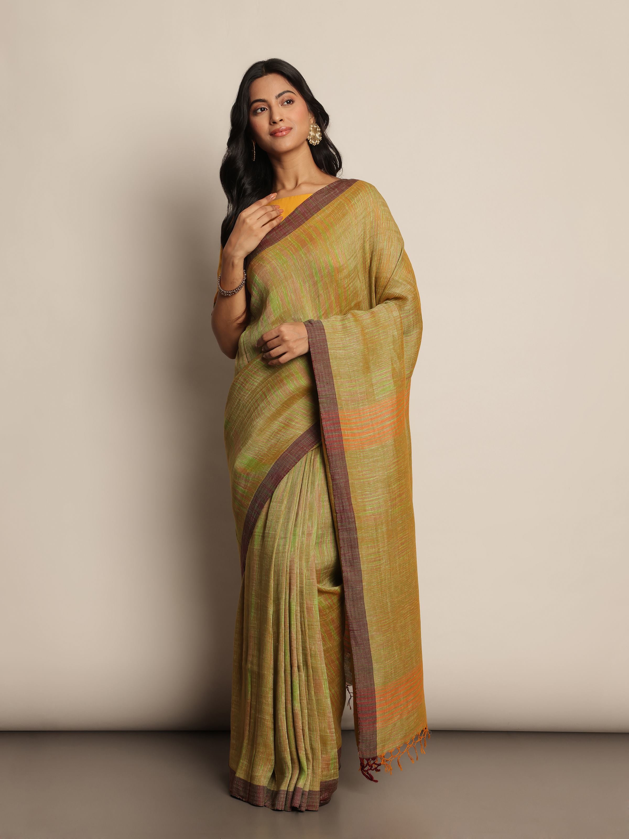 Green Space Dyed Cotton Linen Saree
