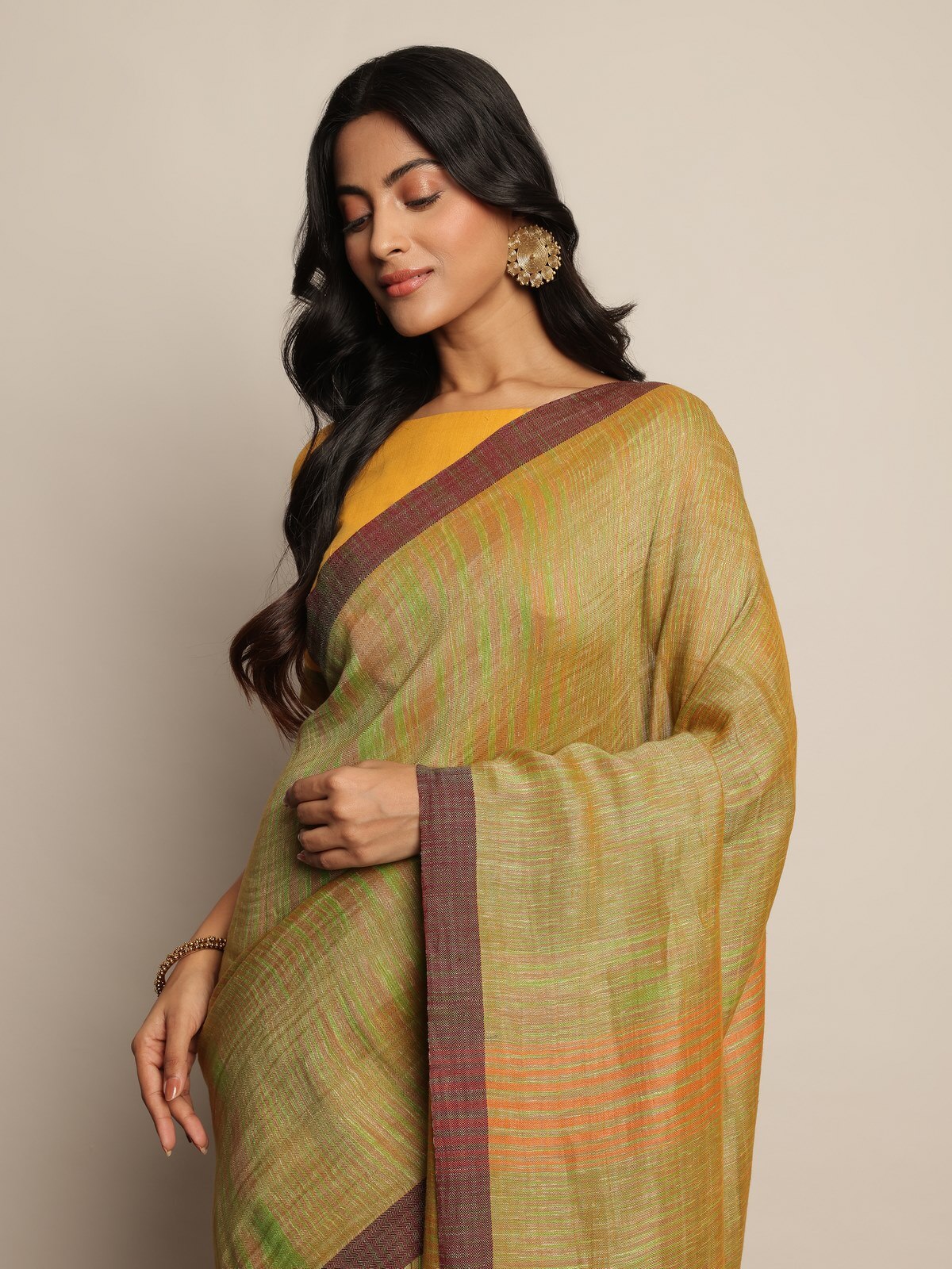 Green Space Dyed Cotton Linen Saree
