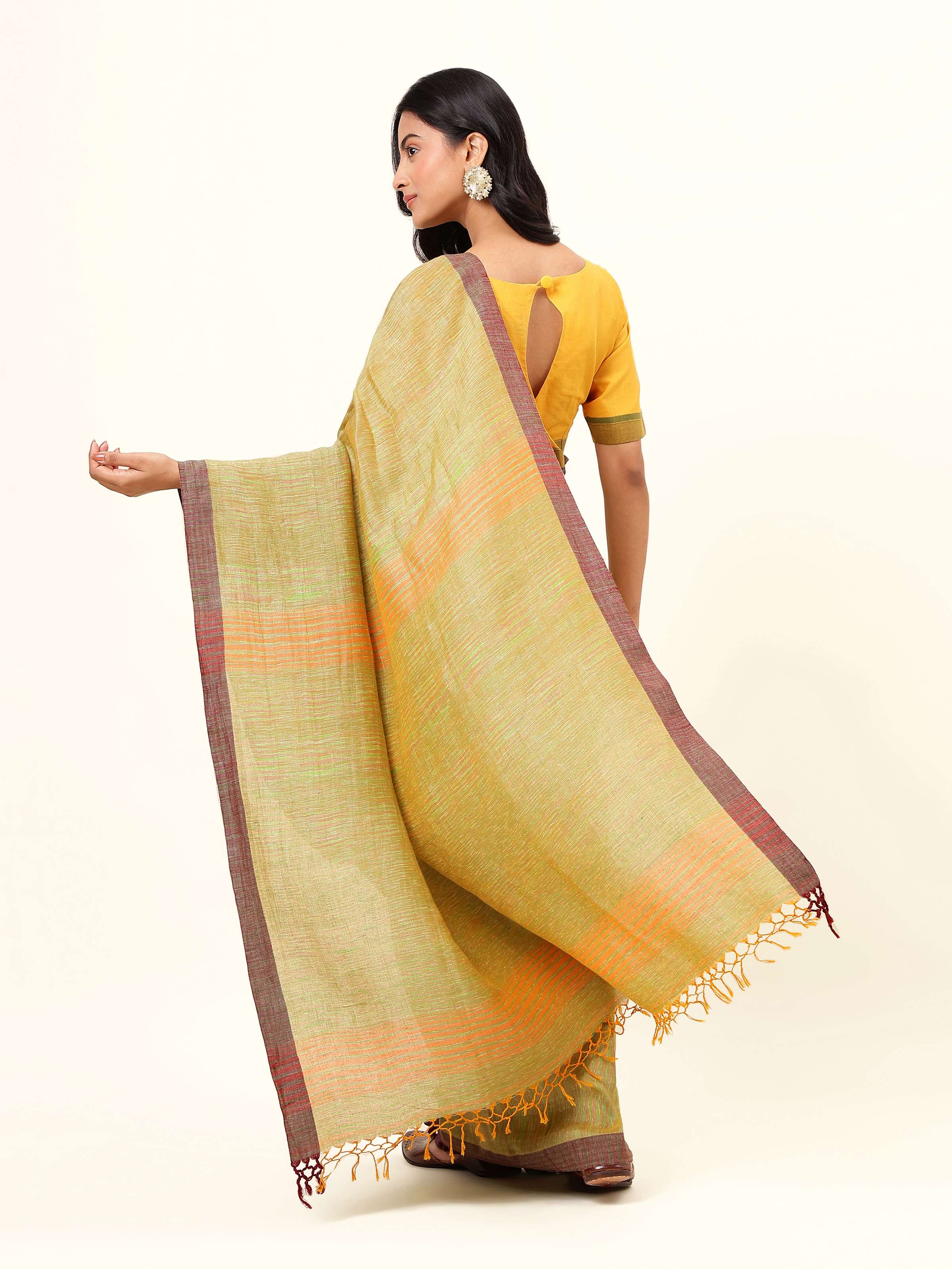 Green Space Dyed Cotton Linen Saree