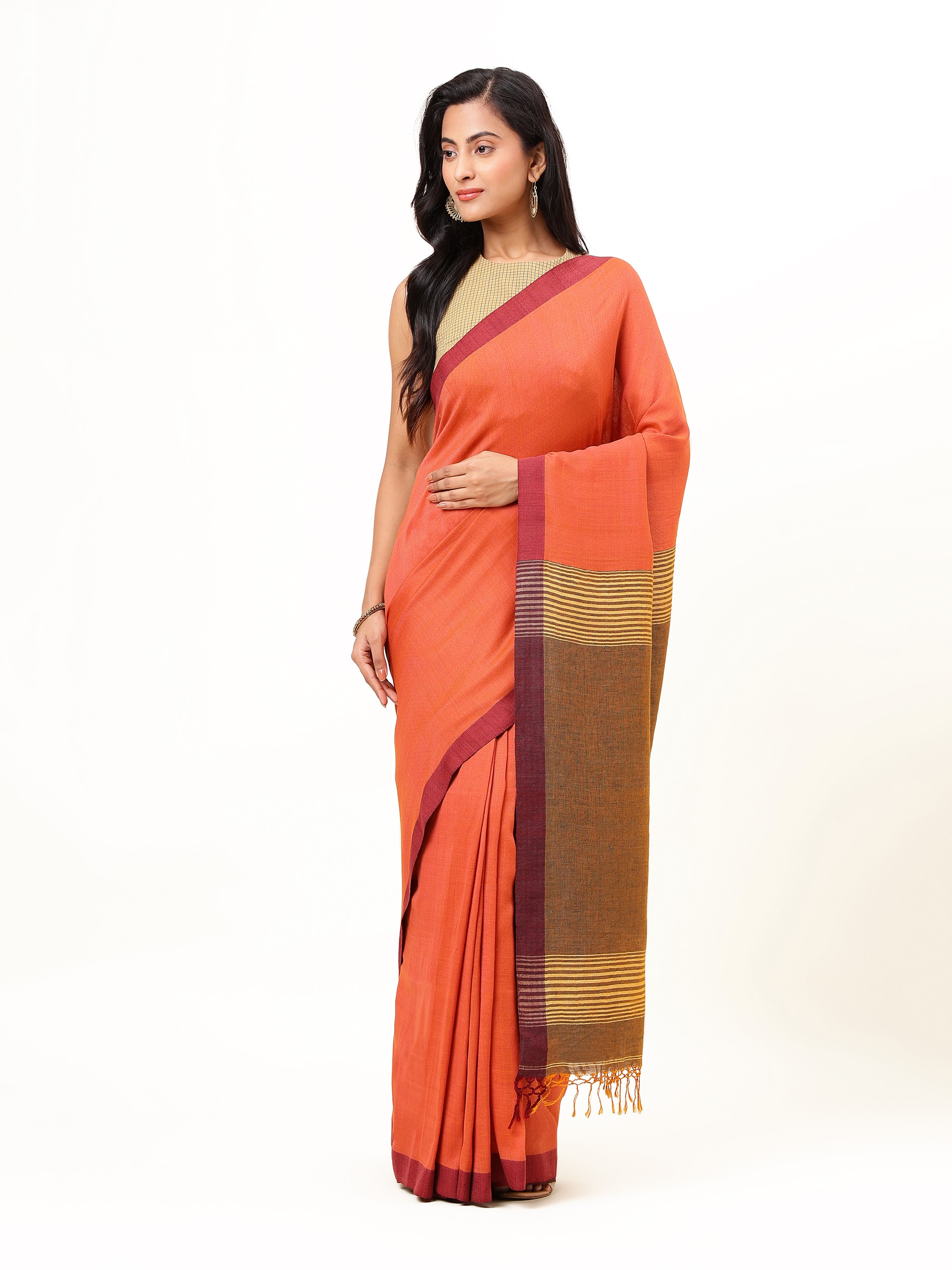 Orange Space Dyed Cotton Linen Saree
