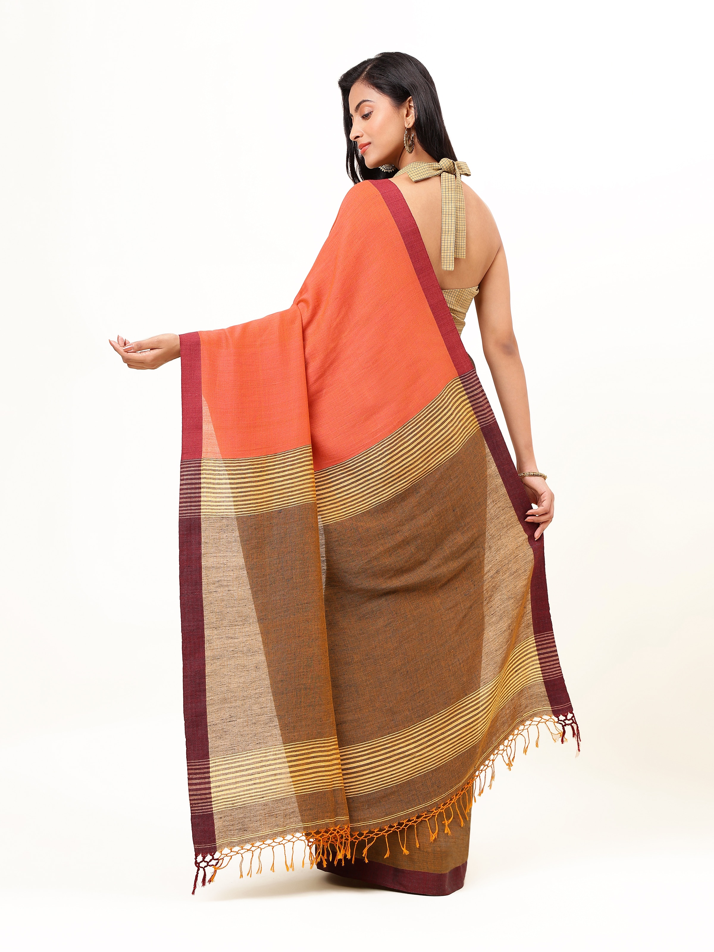 Orange Space Dyed Cotton Linen Saree