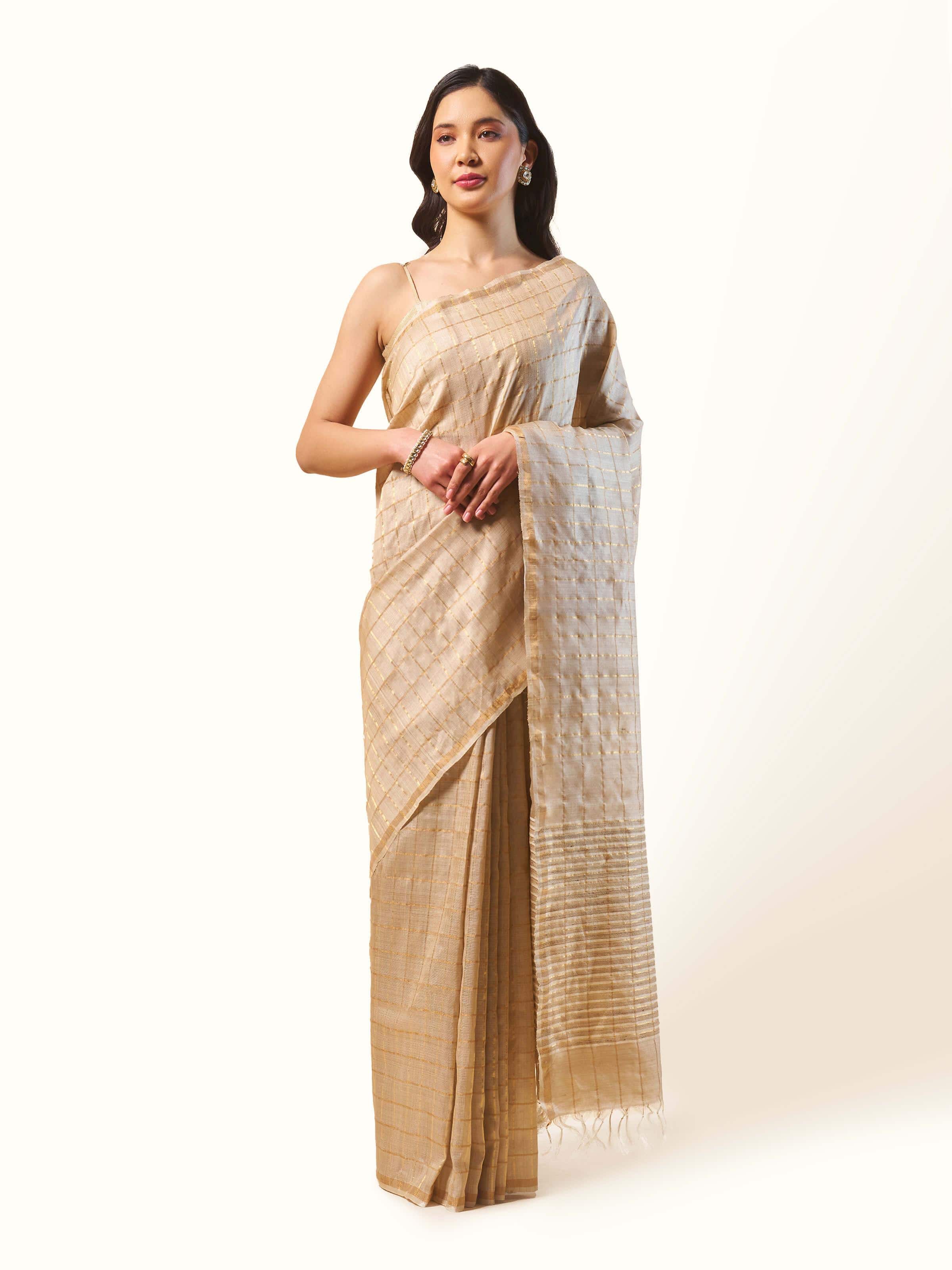 Beige & Gold Tussar Silk Zari Saree