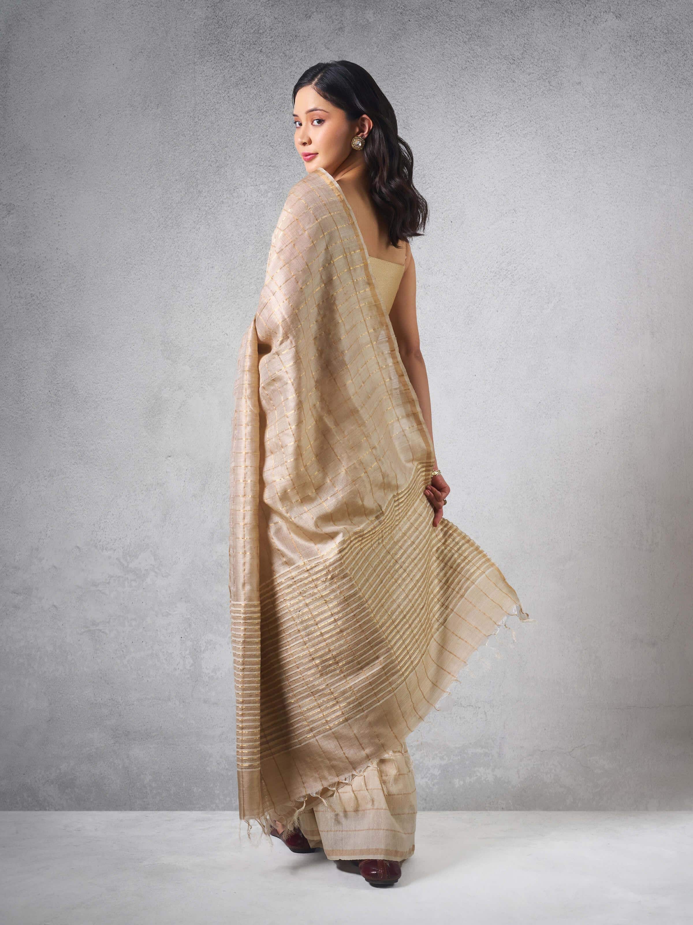 Beige & Gold Tussar Silk Zari Saree