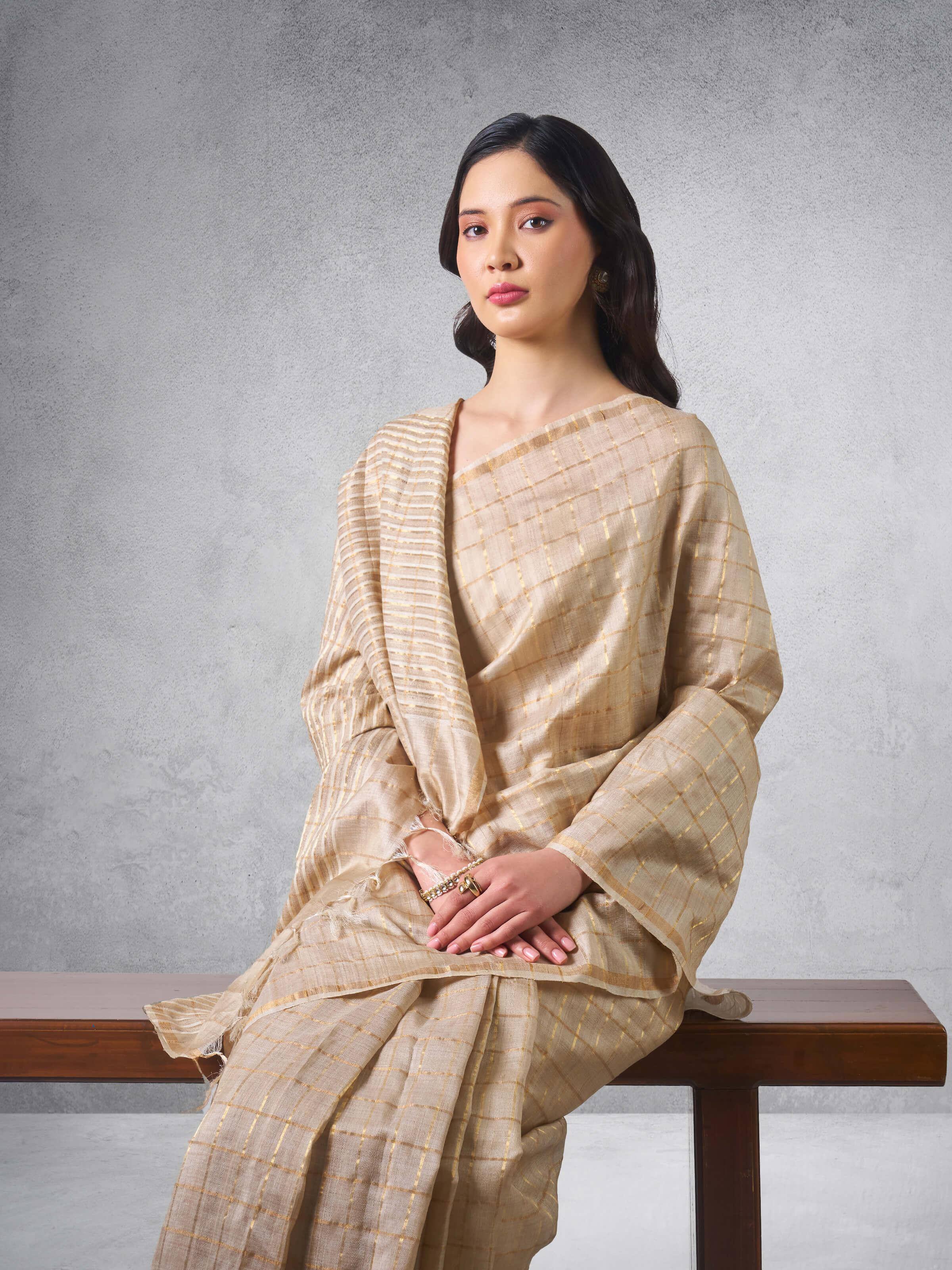 Beige & Gold Tussar Silk Zari Saree