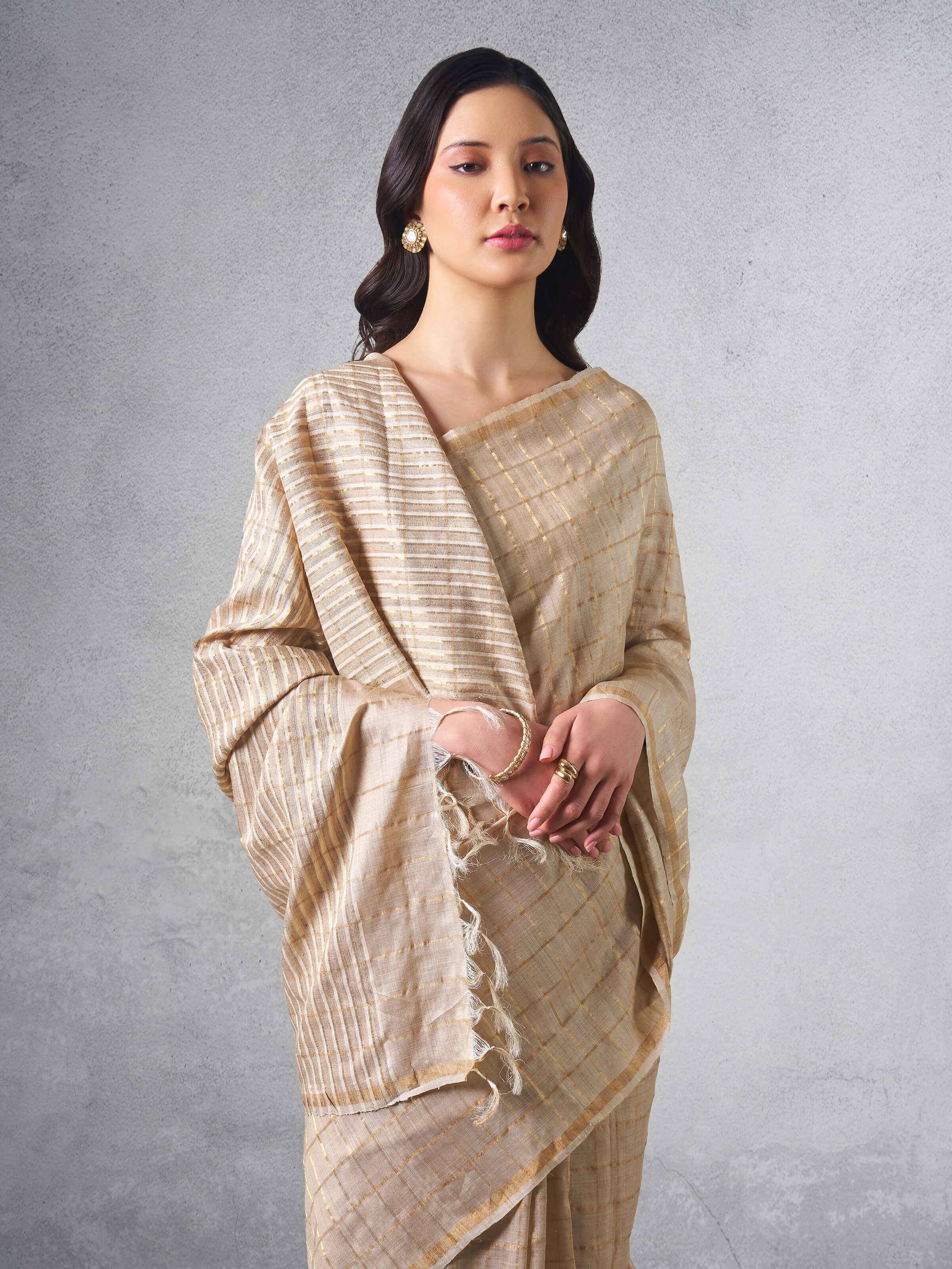 Beige & Gold Tussar Silk Zari Saree