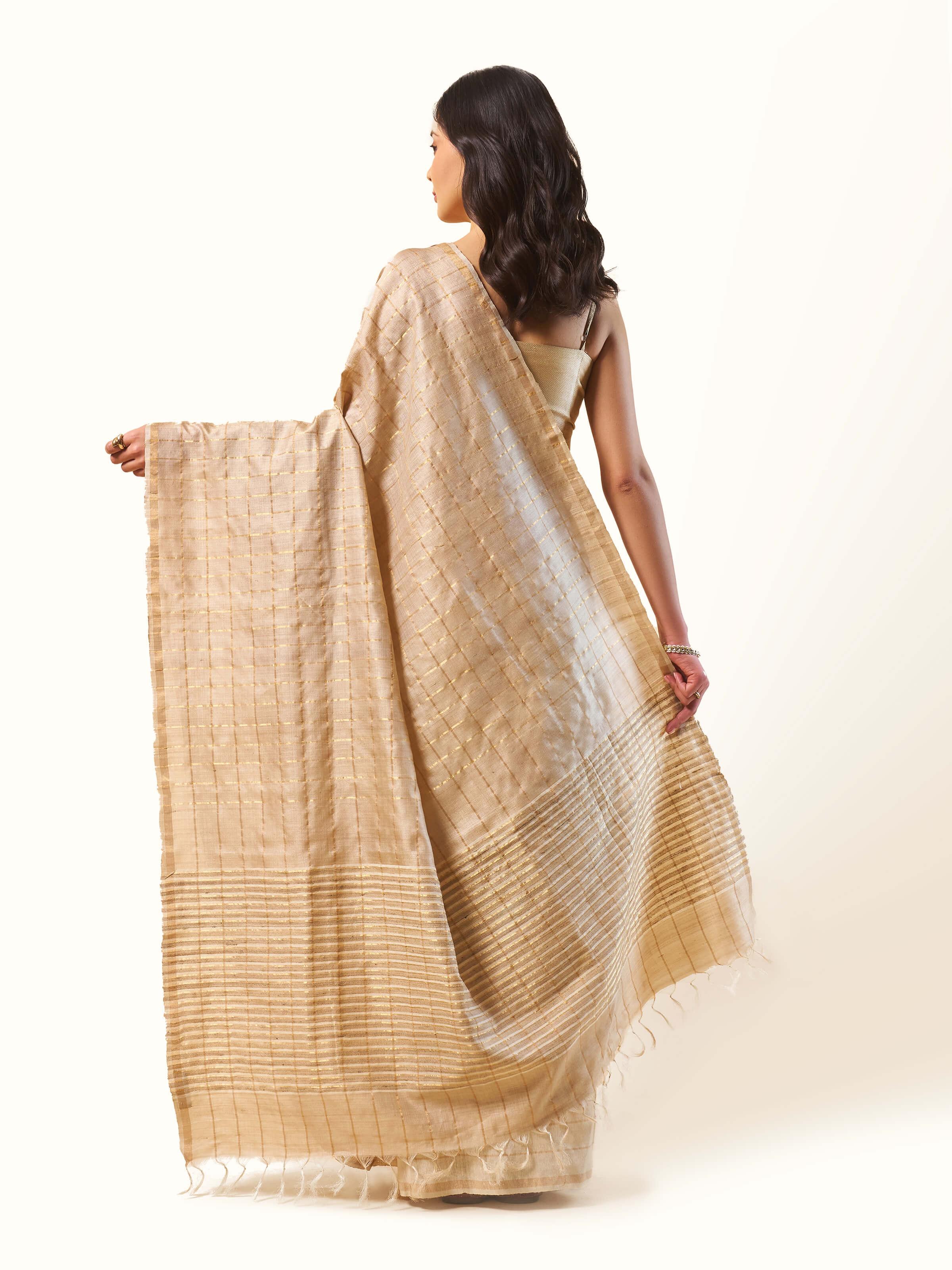 Beige & Gold Tussar Silk Zari Saree