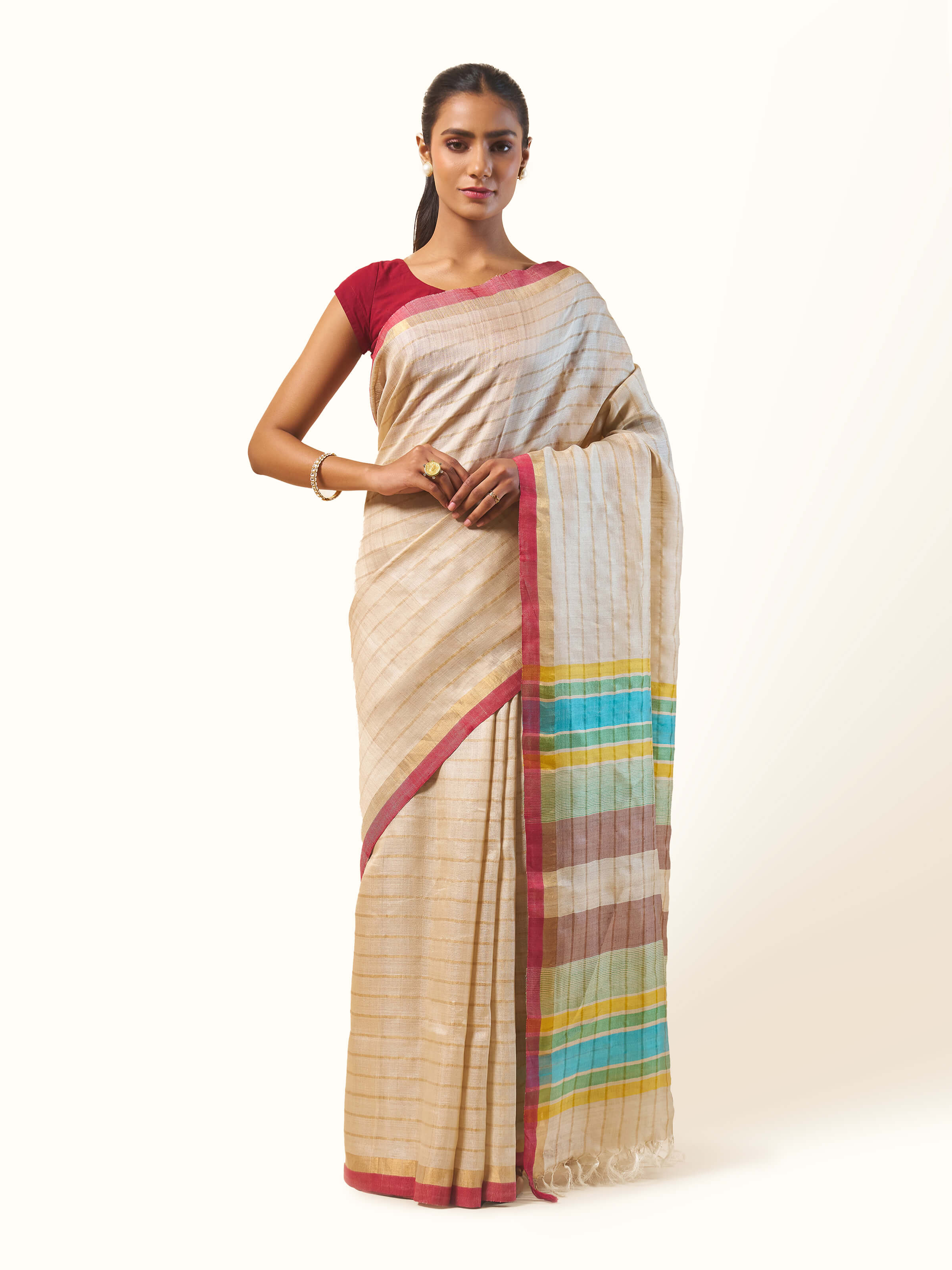 Beige Tussar Silk Saree
