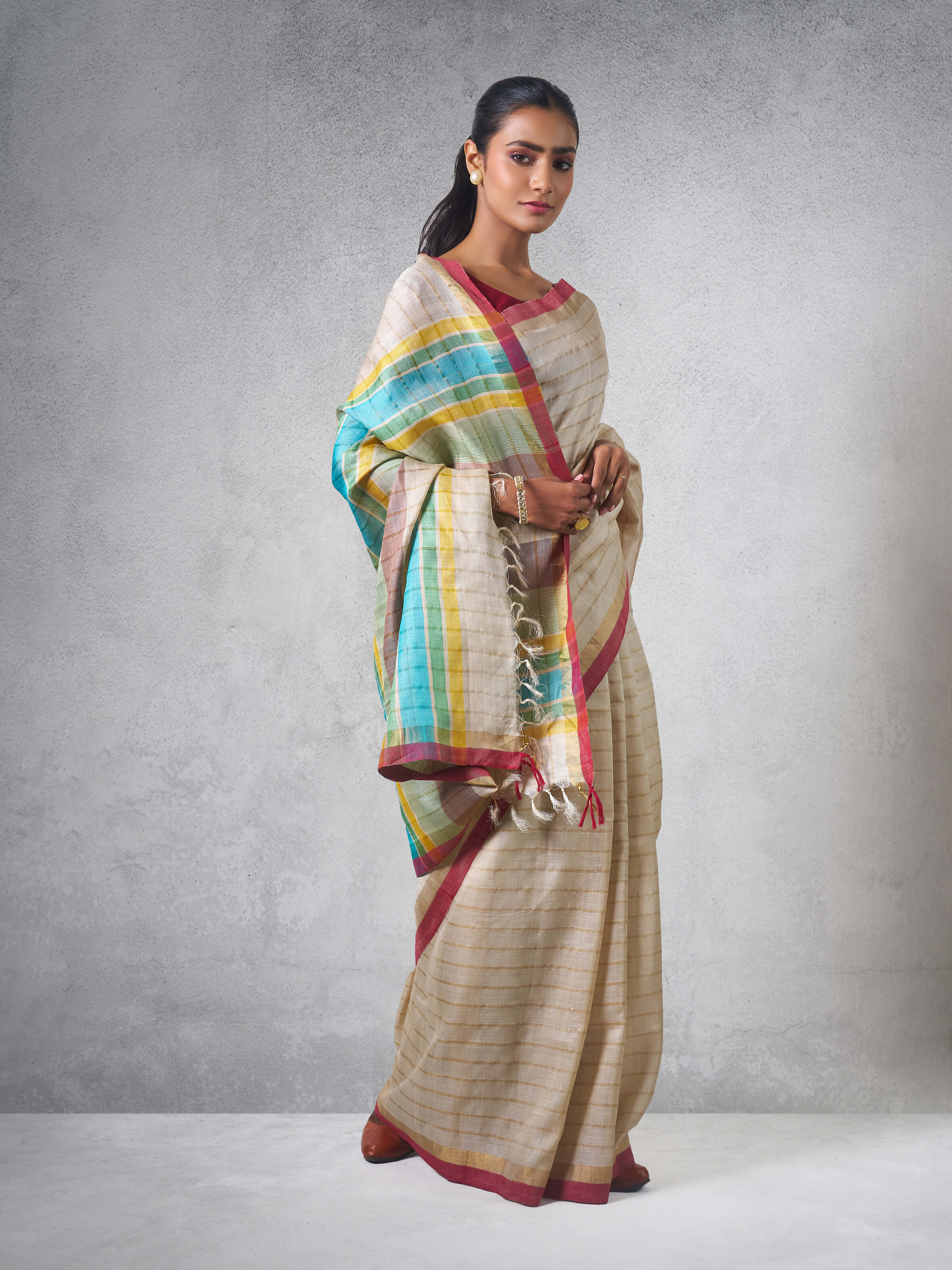 Beige Tussar Silk Saree