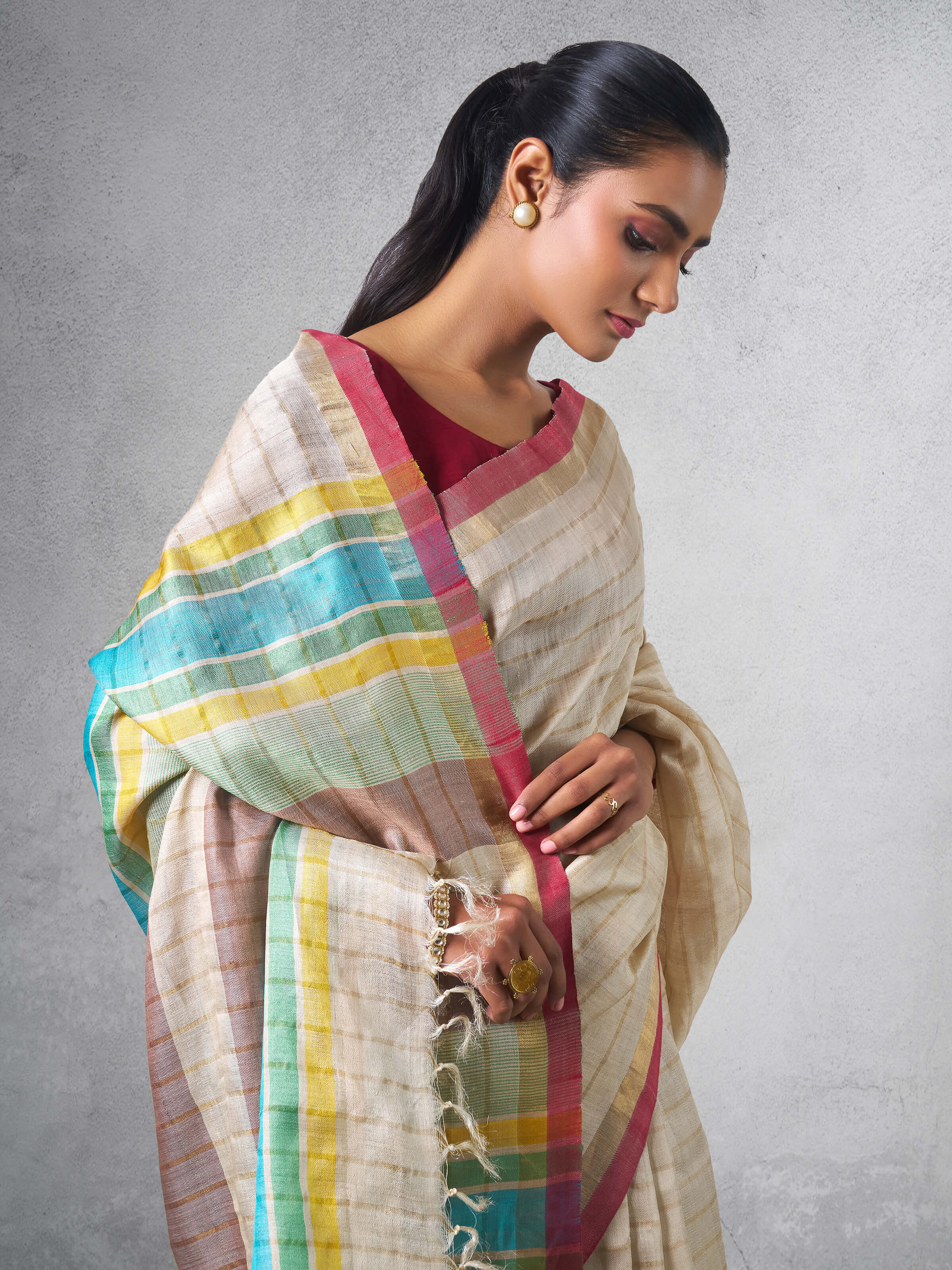 Beige Tussar Silk Saree