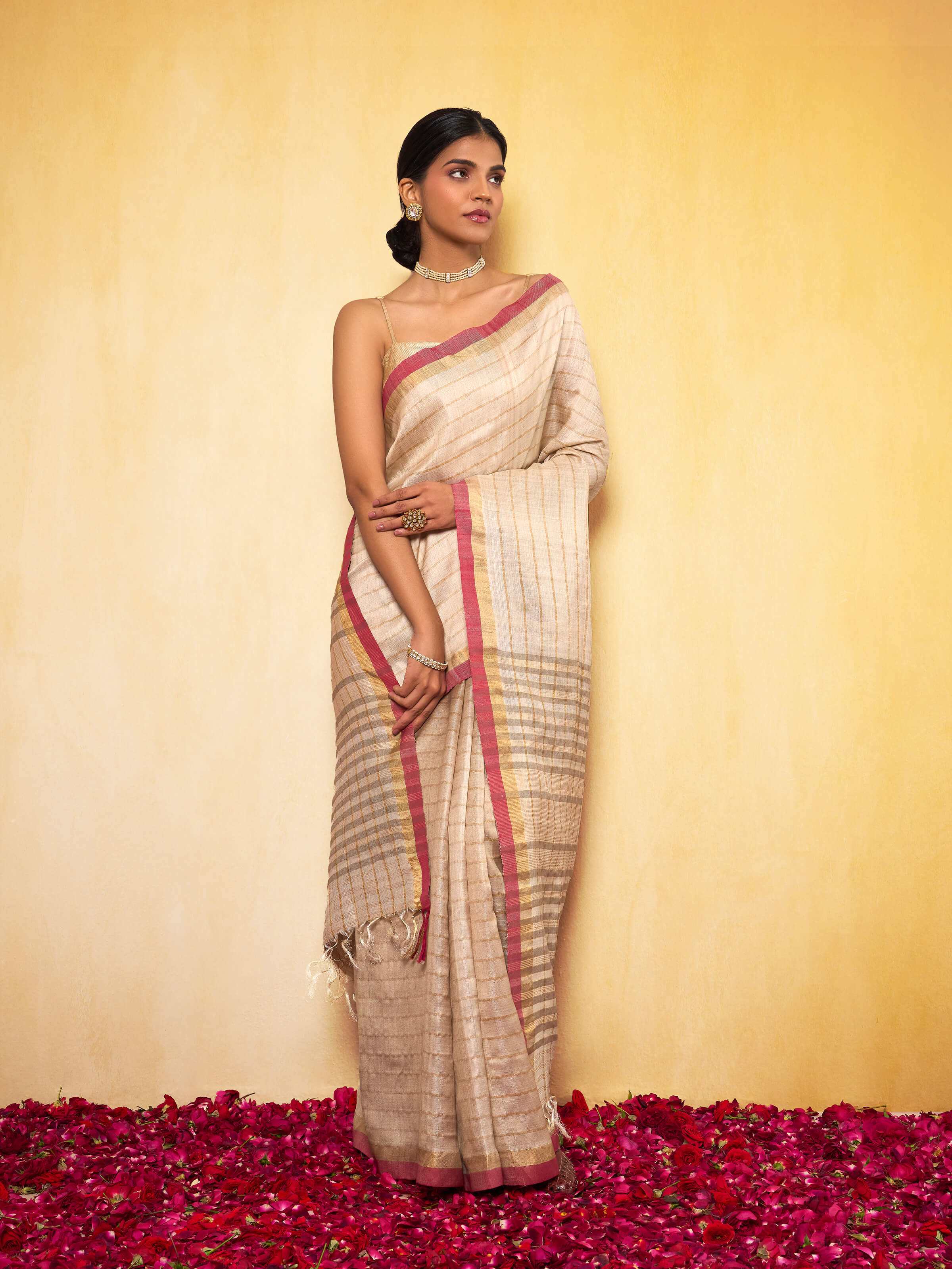 Lifestyle shot showing elegant drape and rich traditional texture.