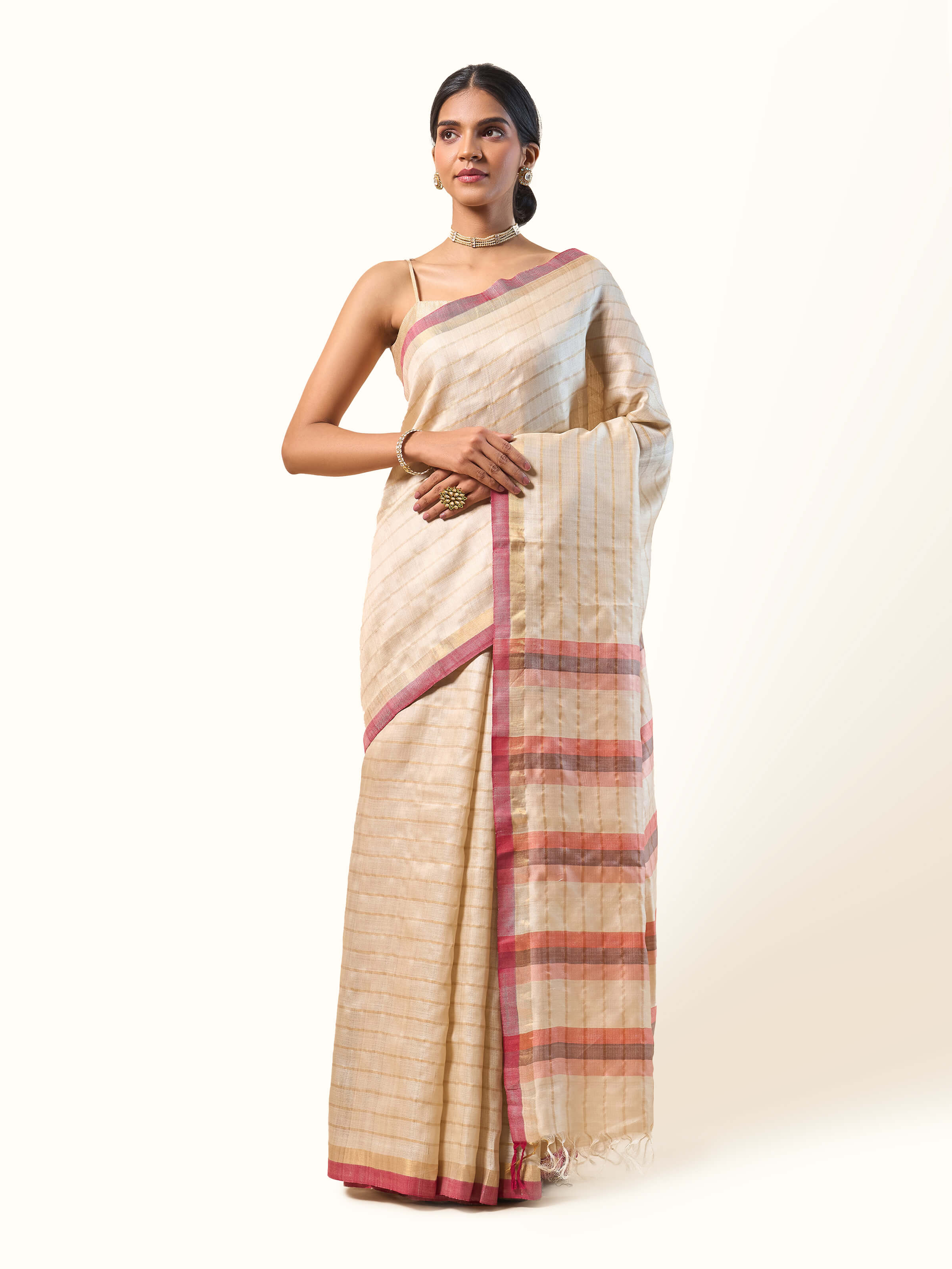 Beige, Gold & Pink Tussar Silk Zari Saree