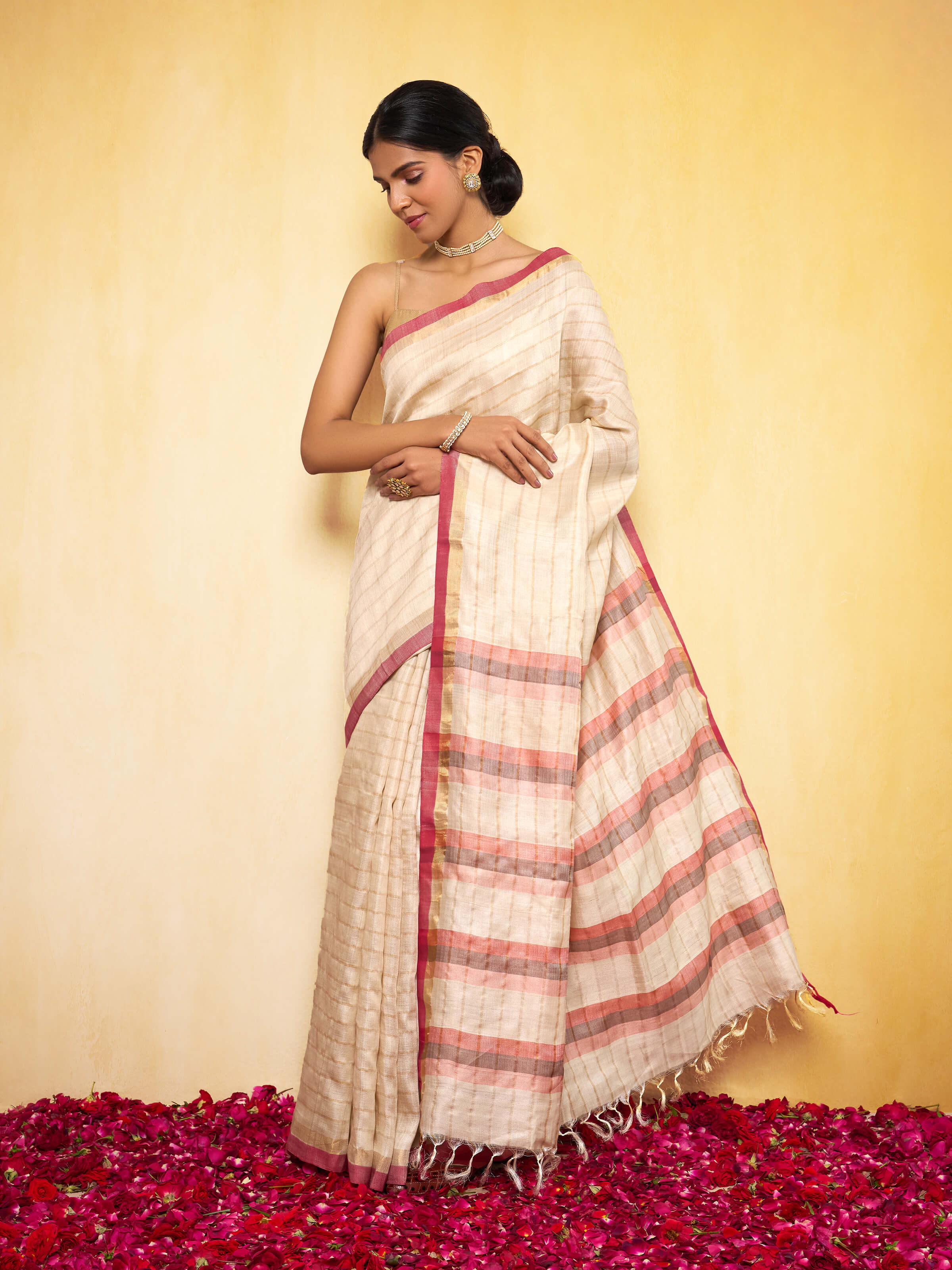 Beige, Gold & Pink Tussar Silk Zari Saree