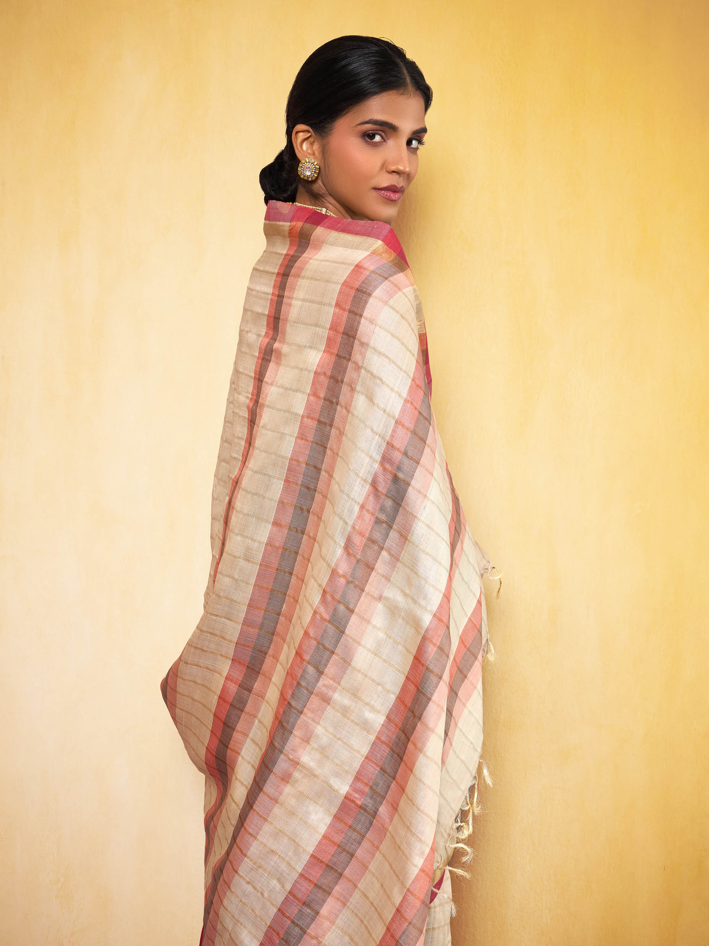 Beige, Gold & Pink Tussar Silk Zari Saree