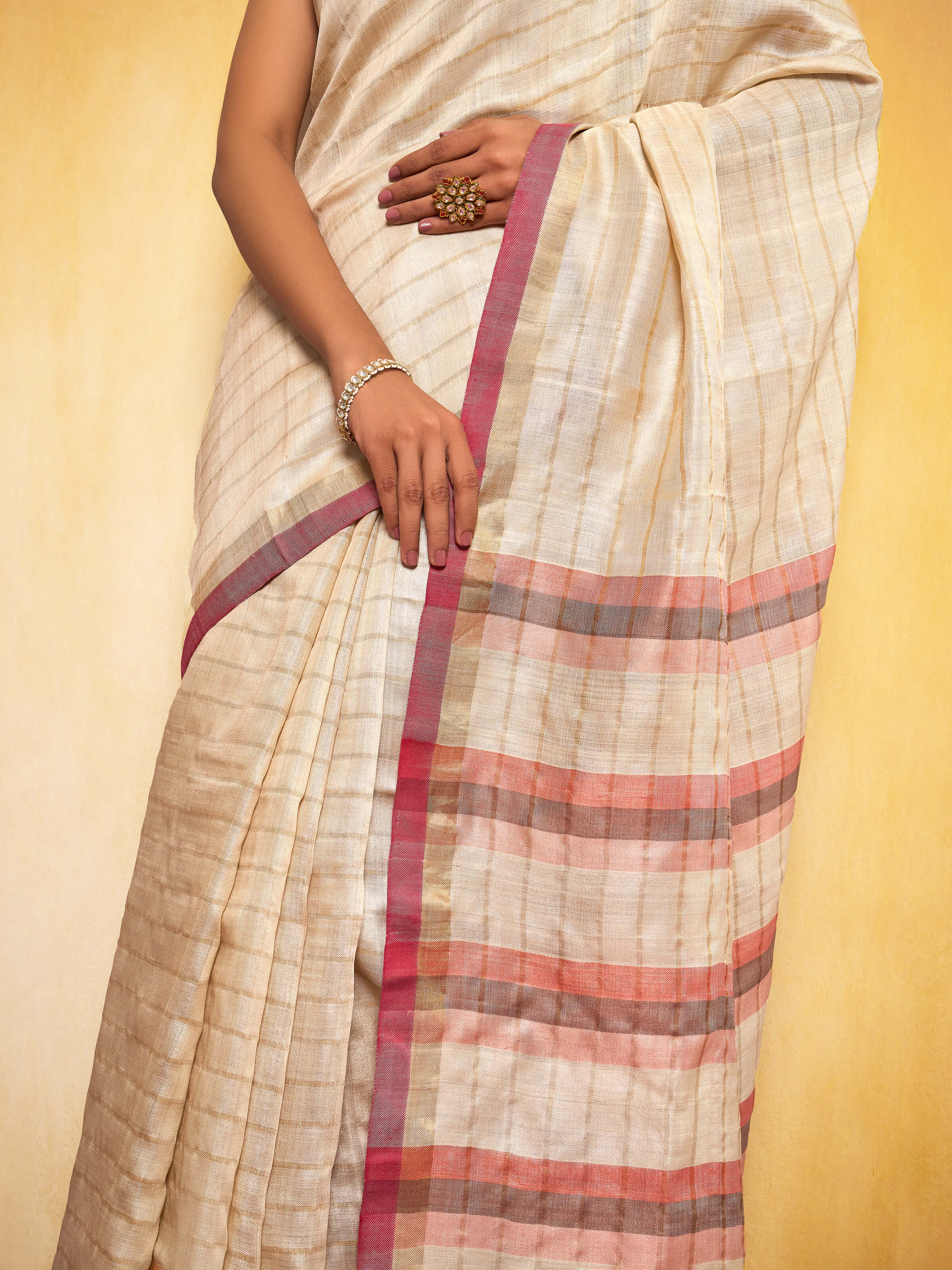 Beige, Gold & Pink Tussar Silk Zari Saree
