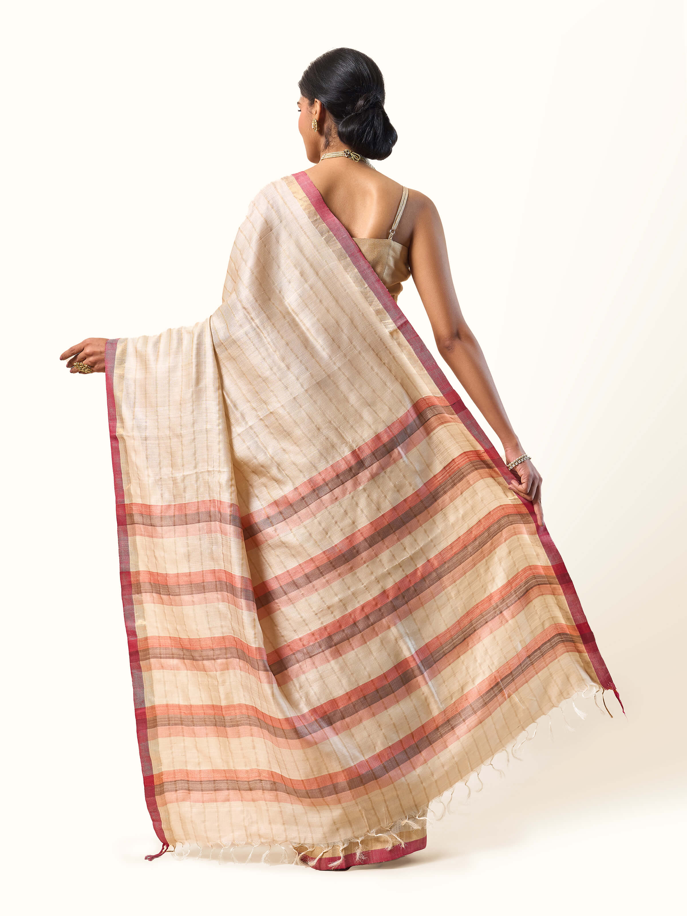 Beige, Gold & Pink Tussar Silk Zari Saree
