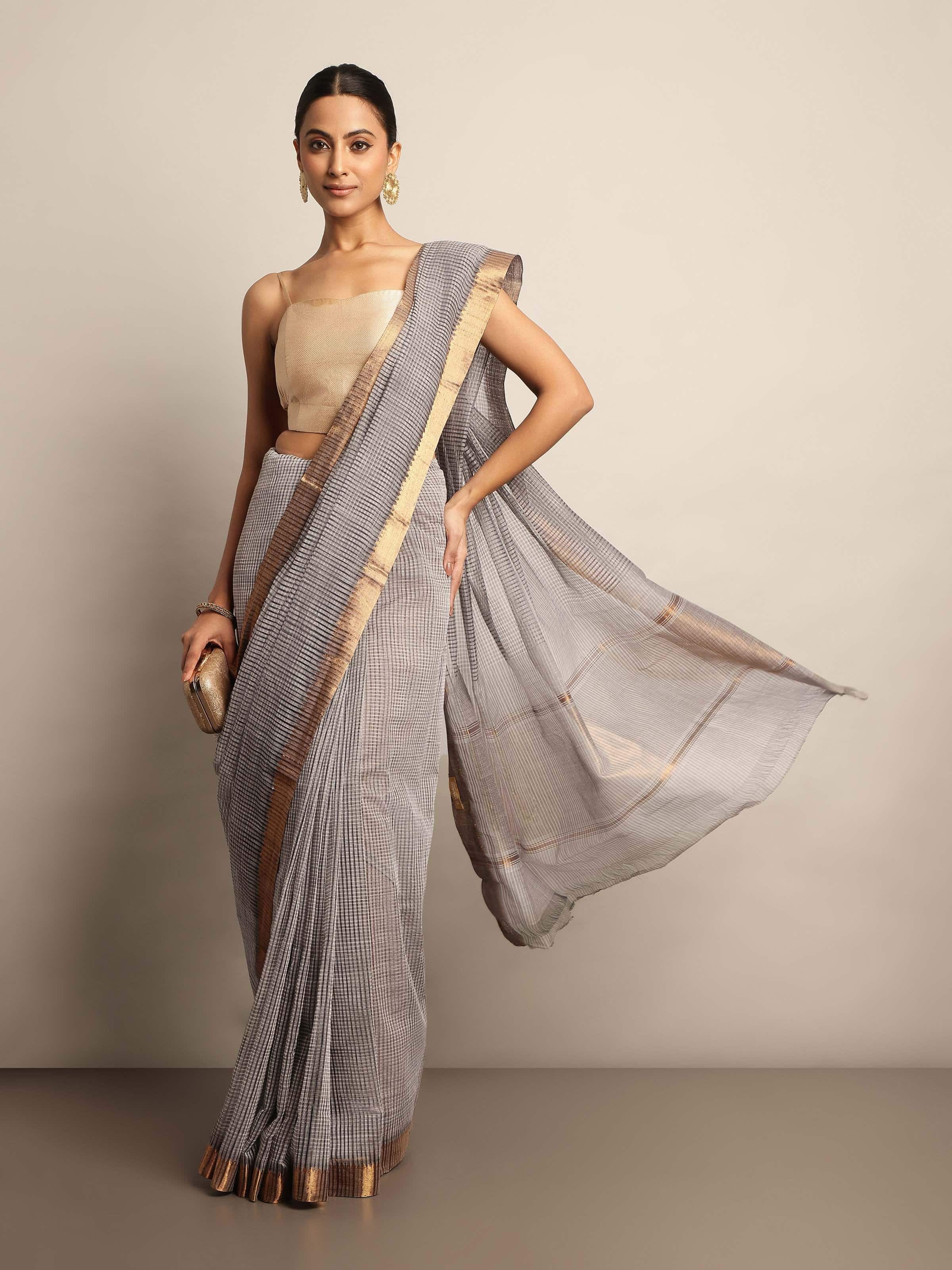 Grey Gossamer & Cotton Mangalgiri Saree