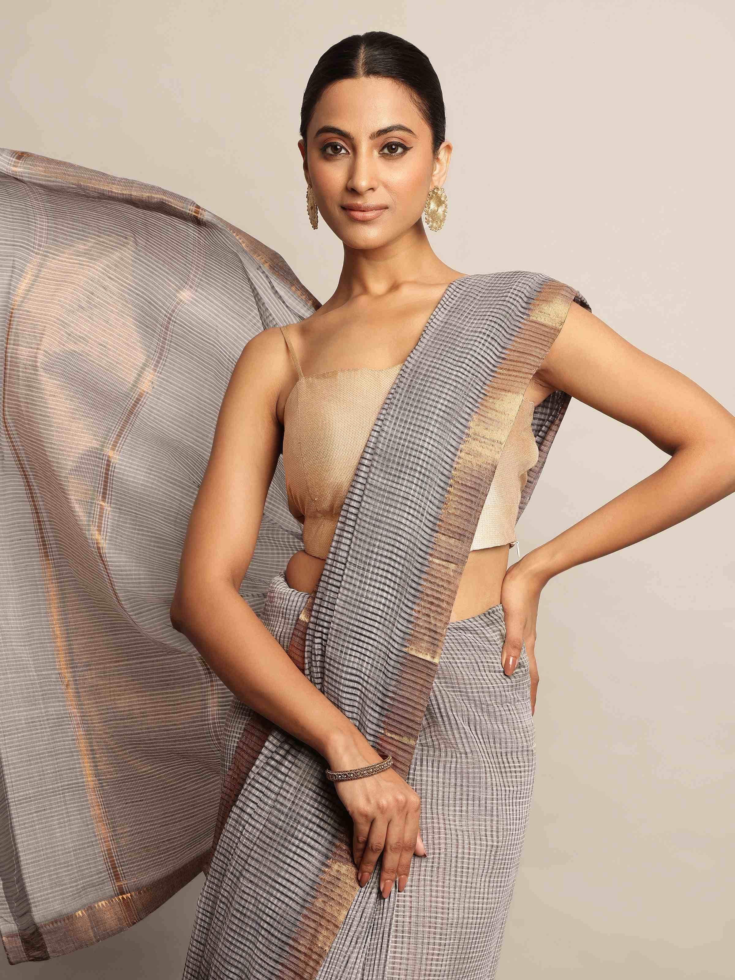 Grey Gossamer & Cotton Mangalgiri Saree