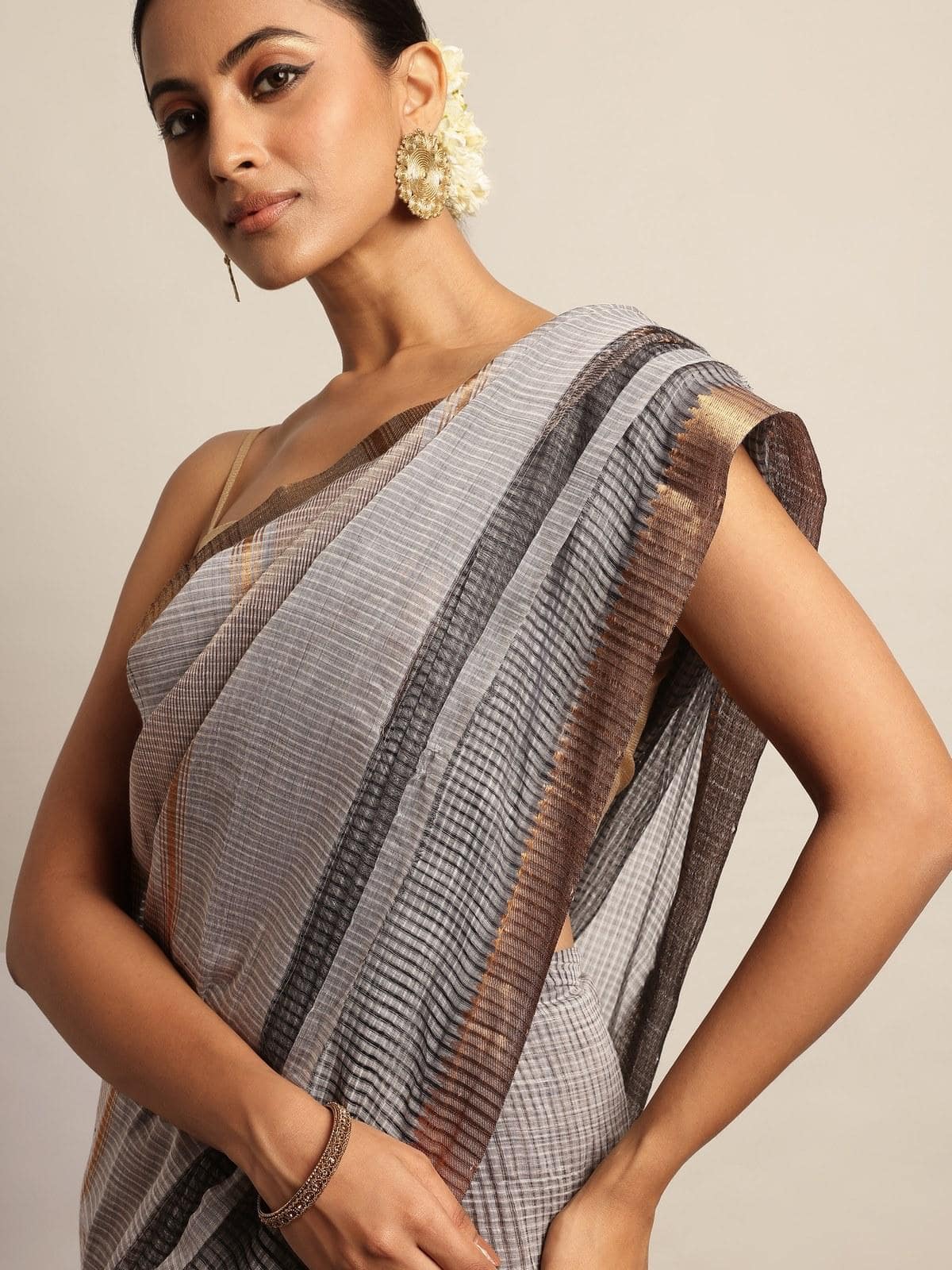 Grey Gossamer & Cotton Mangalgiri Saree