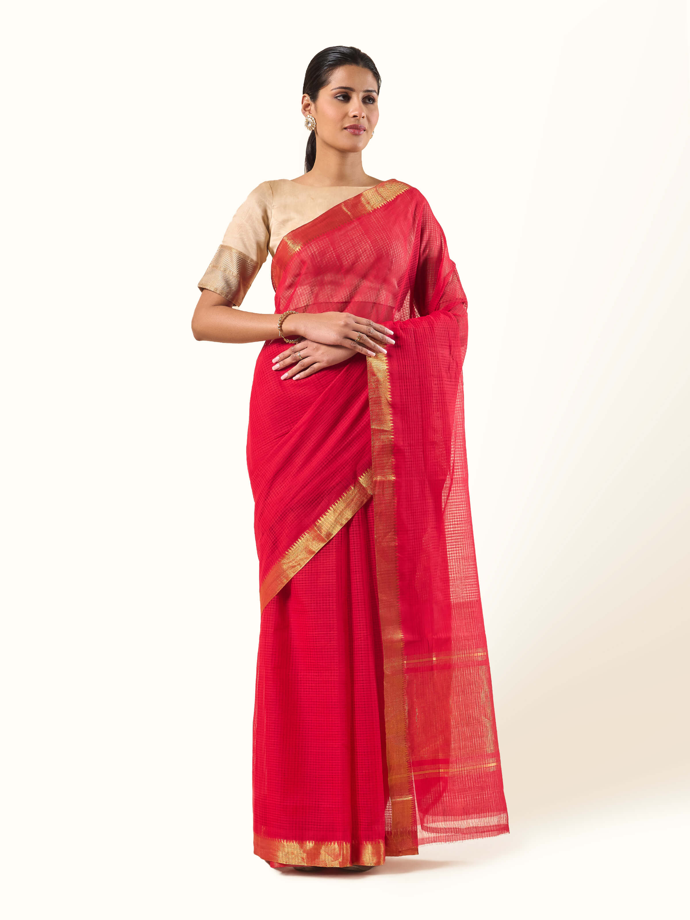Front view of Red Cotton Mangalgiri Saree displaying traditional Mangalgiri cotton weave