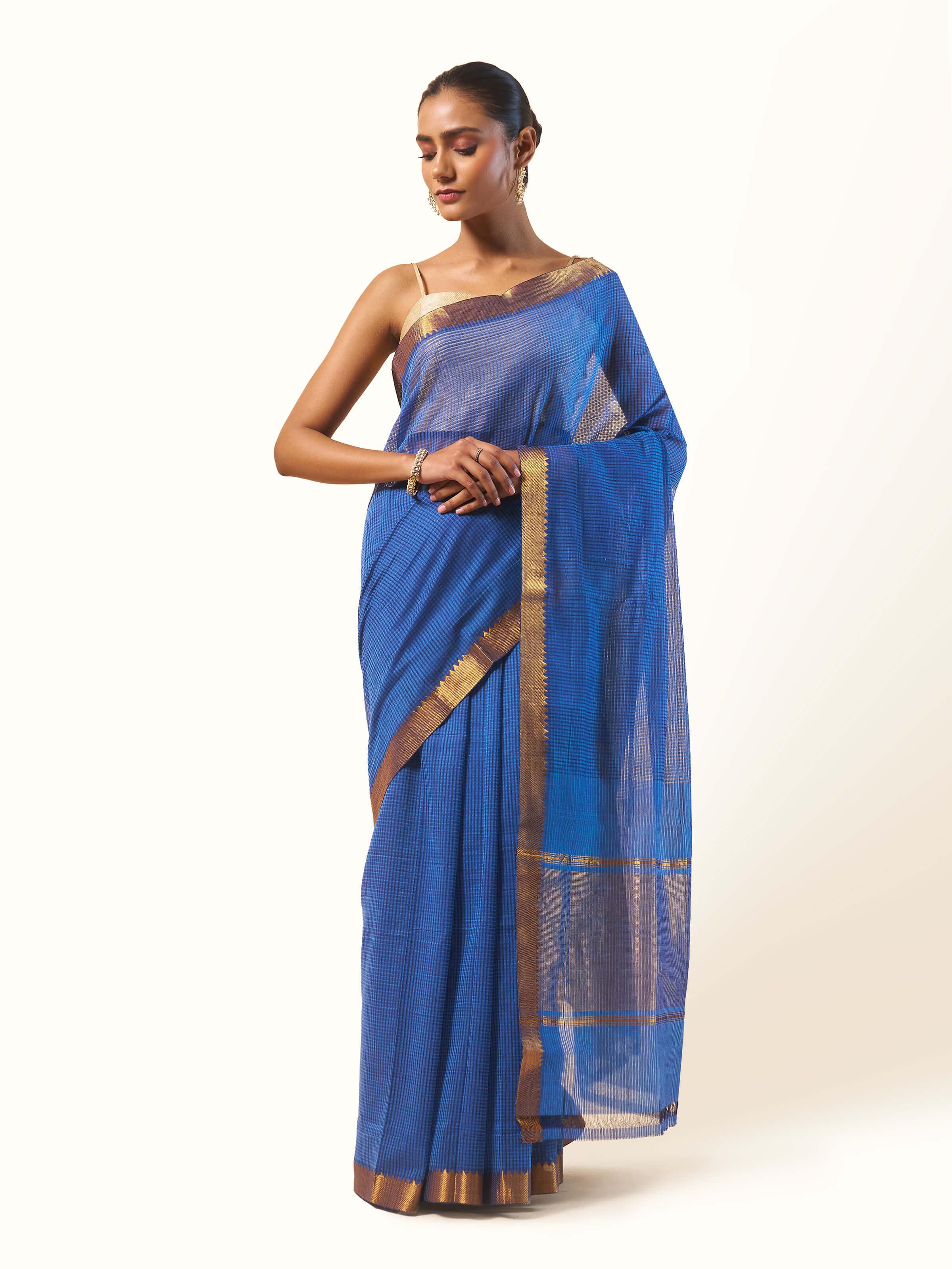 Front view of Cotton Mangalgiri Saree showcasing elegant drape and intricate weaving