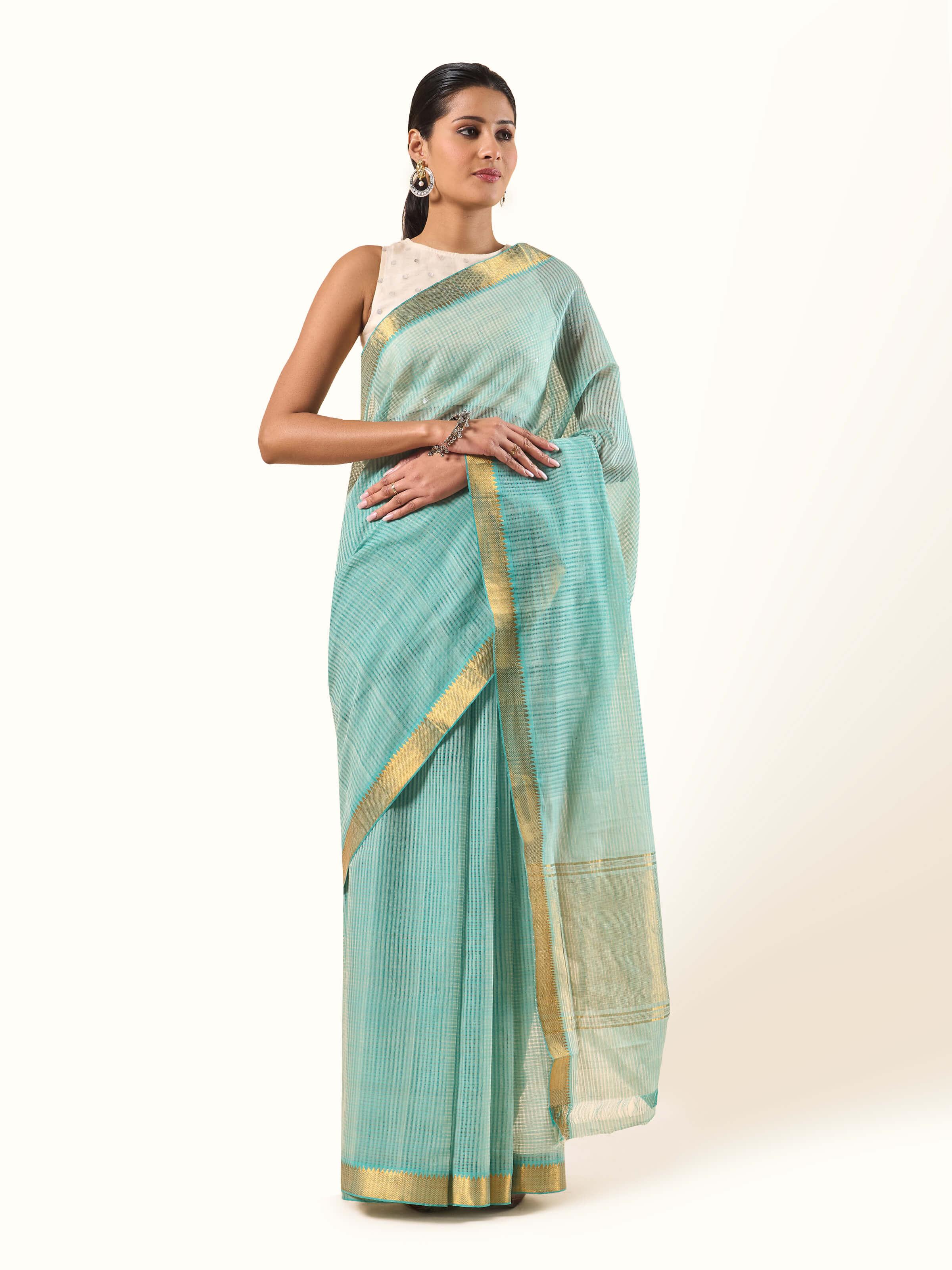 Front view of Cotton Mangalgiri Saree with elegant block printed designs