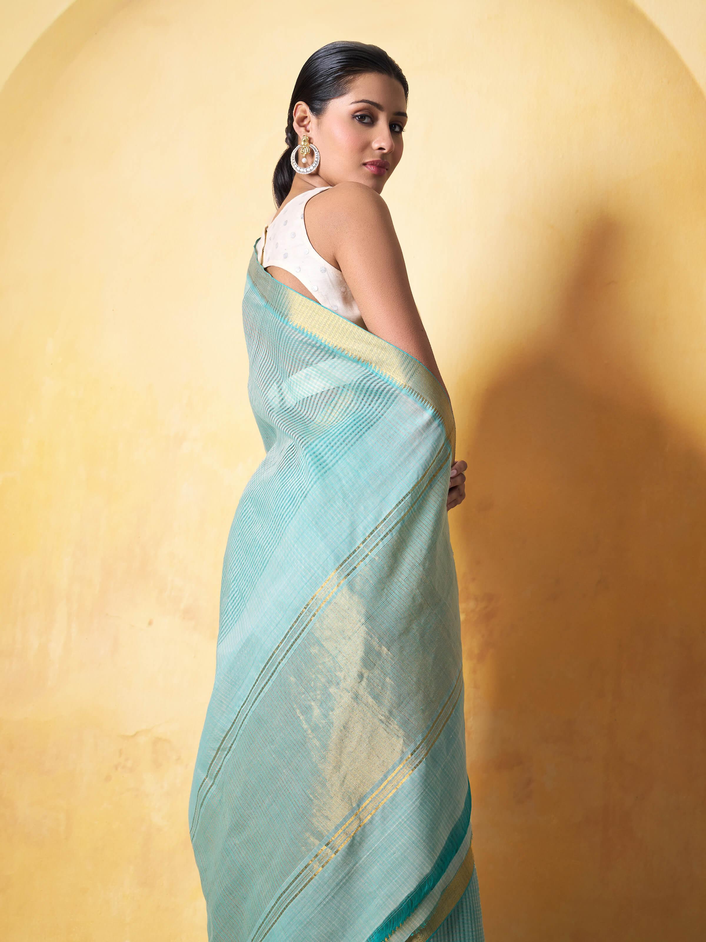 Close-up view of Cotton Mangalgiri Saree highlighting its detailed block printed designs