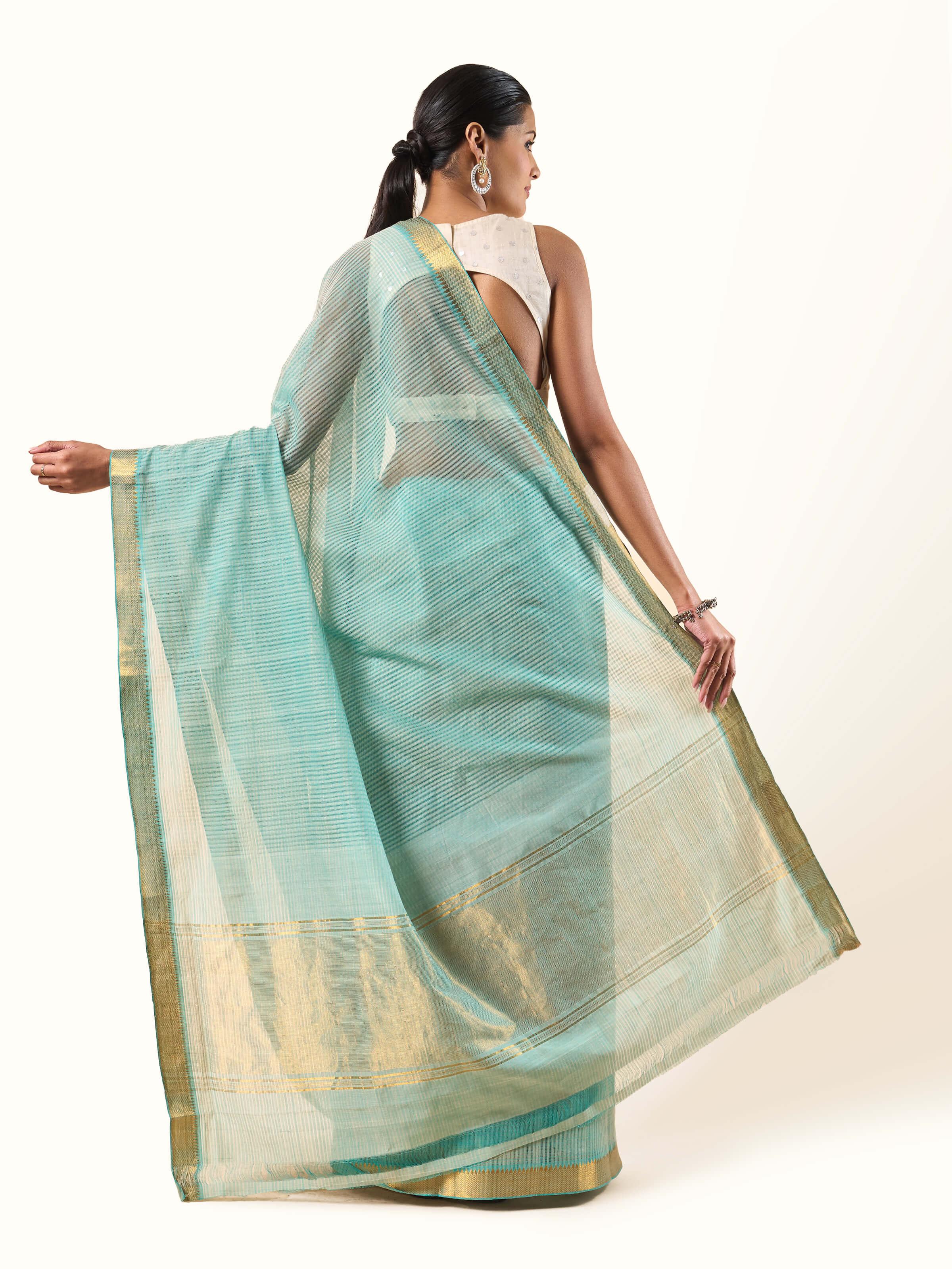 Top view of Cotton Mangalgiri Saree featuring detailed block printed designs and cotton fabric texture