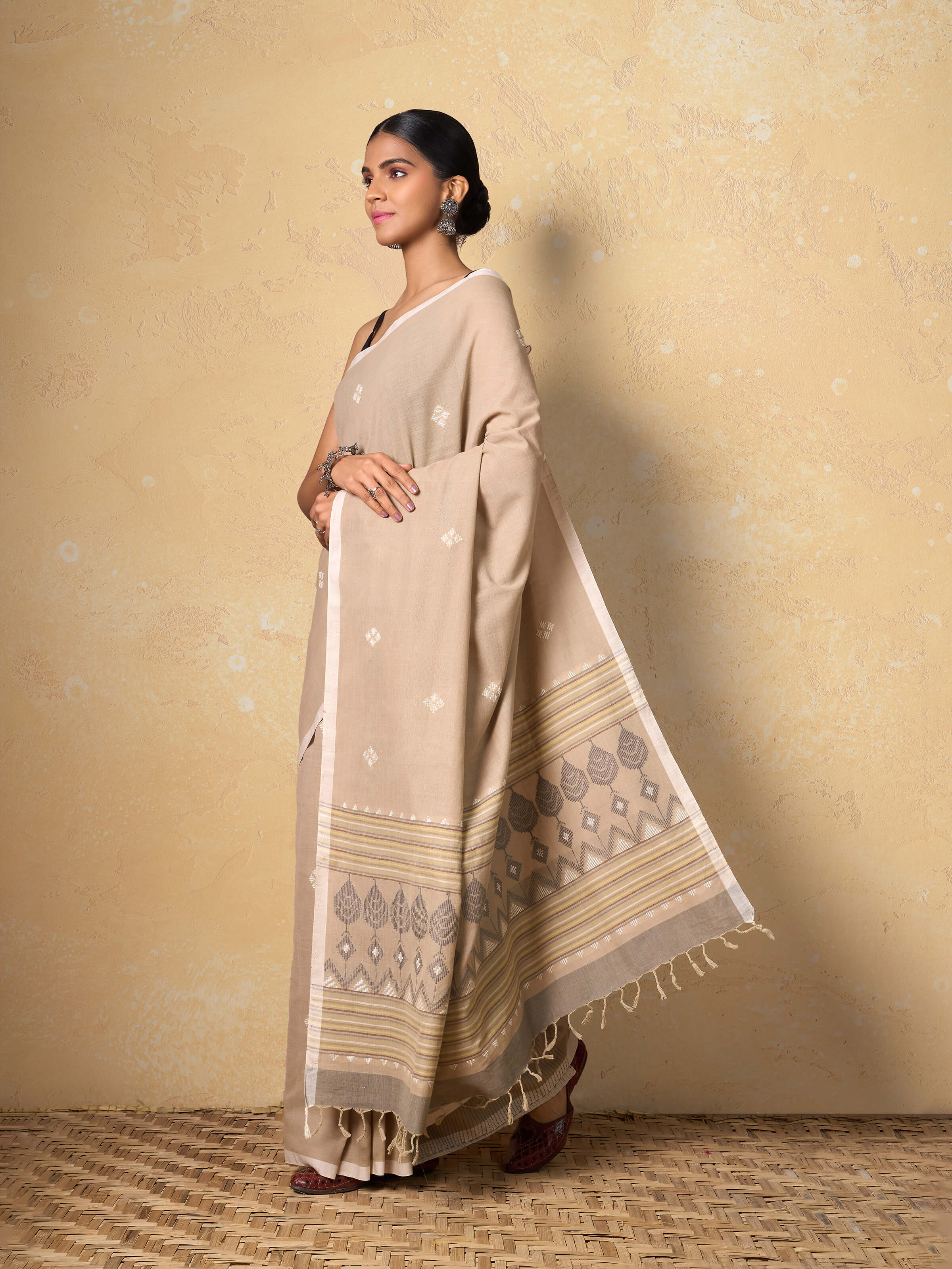 Close-up detail of Cotton Extra-Weft Saree fabric and texture