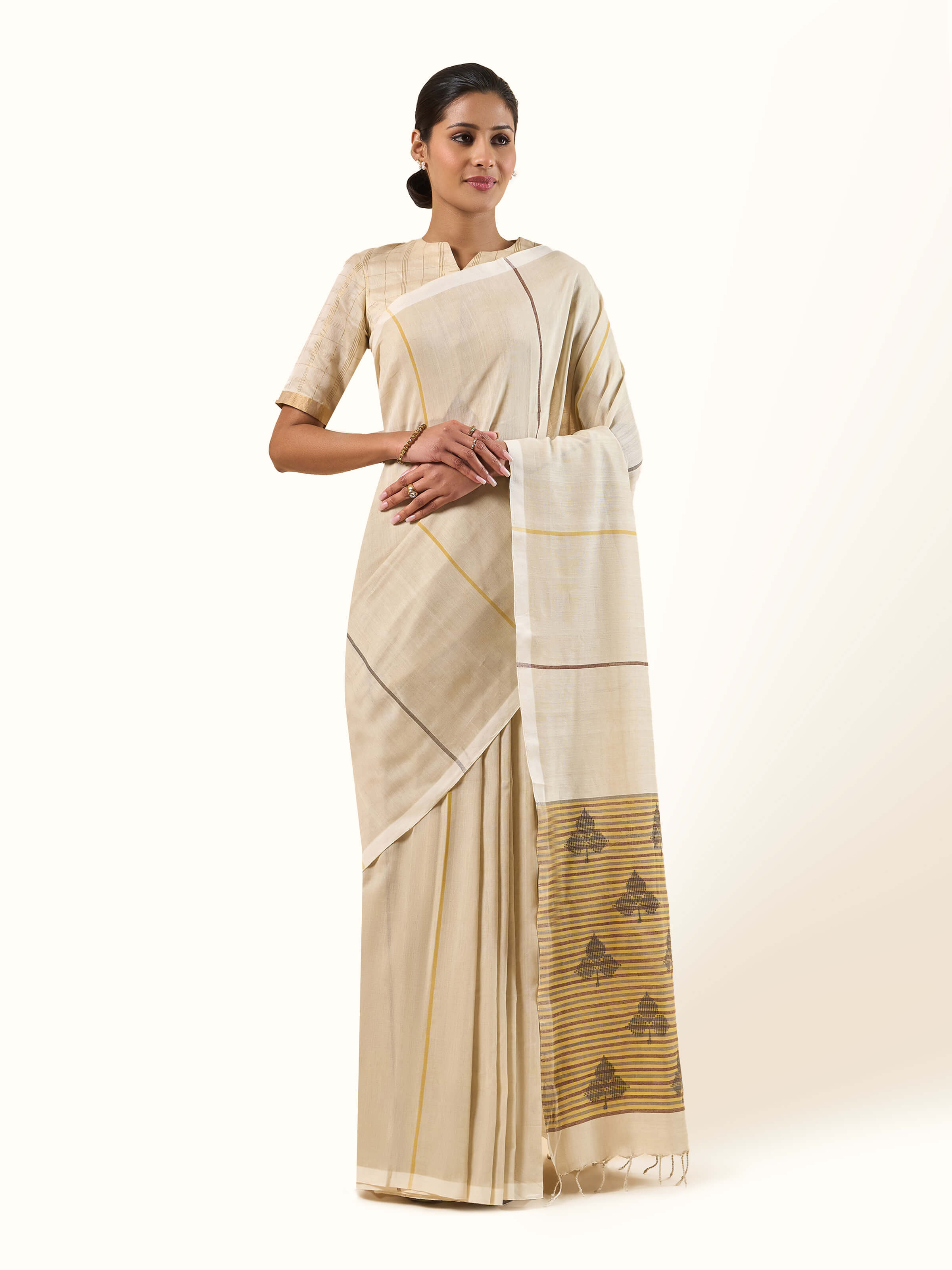 Front view of Cotton Extra-Weft Saree with intricate weaving details and elegant design
