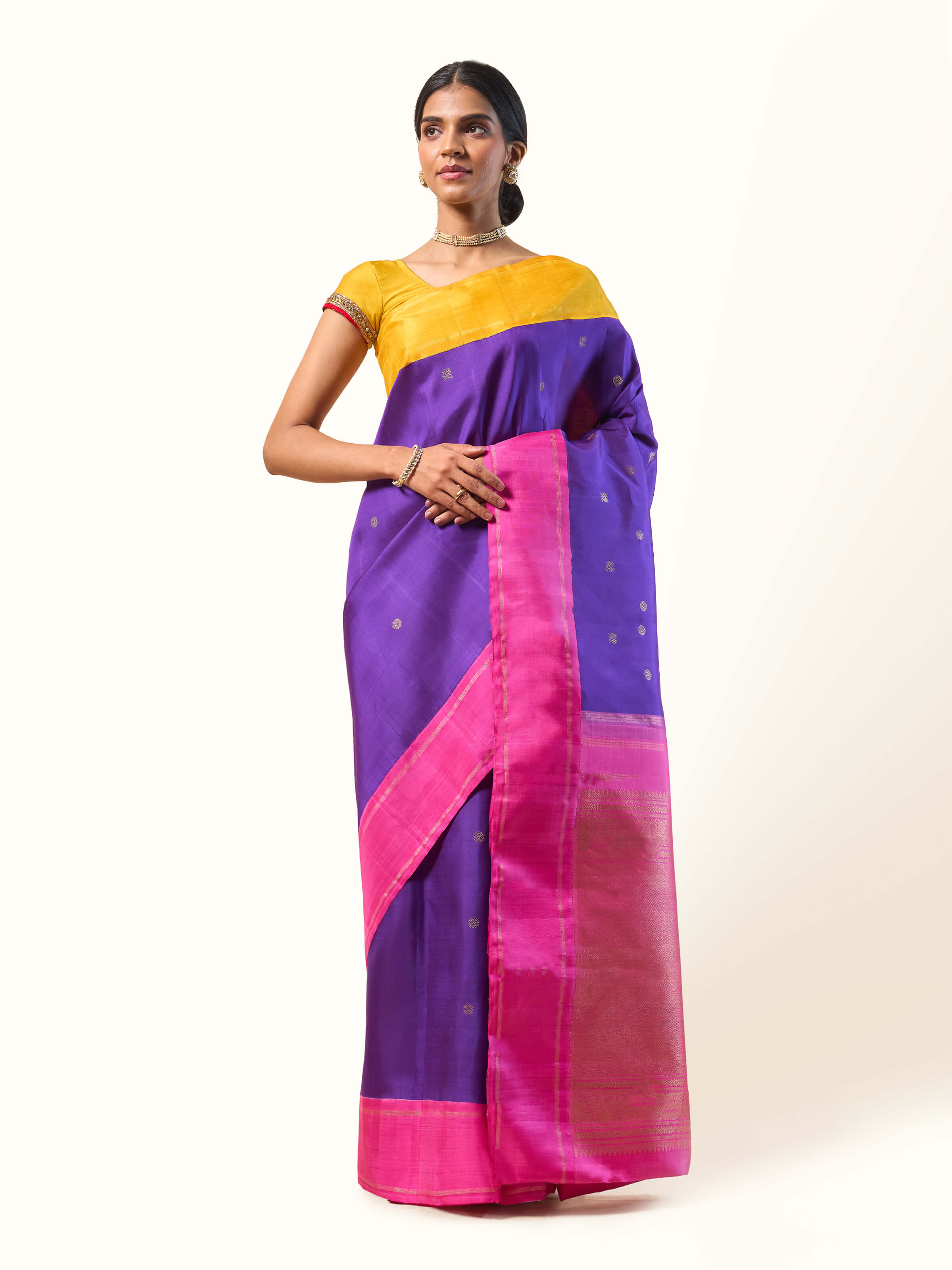 Front view of Blue & Pink Silk Kancheepuram Saree featuring vibrant color contrast with rich silk and zari border