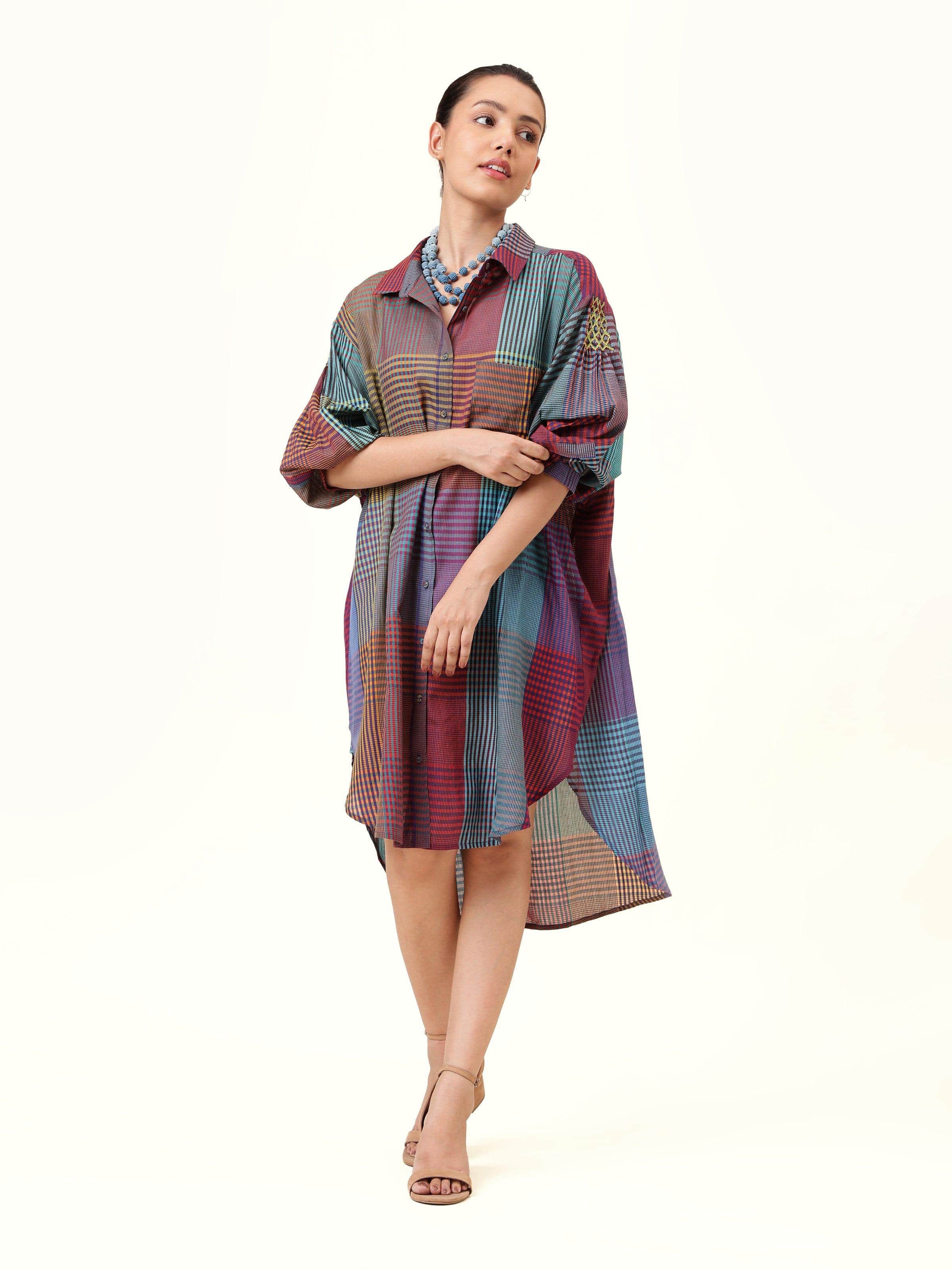 Blue silk cotton Bengal Jamdani long shirt front view showcasing fine weaving and delicate pattern