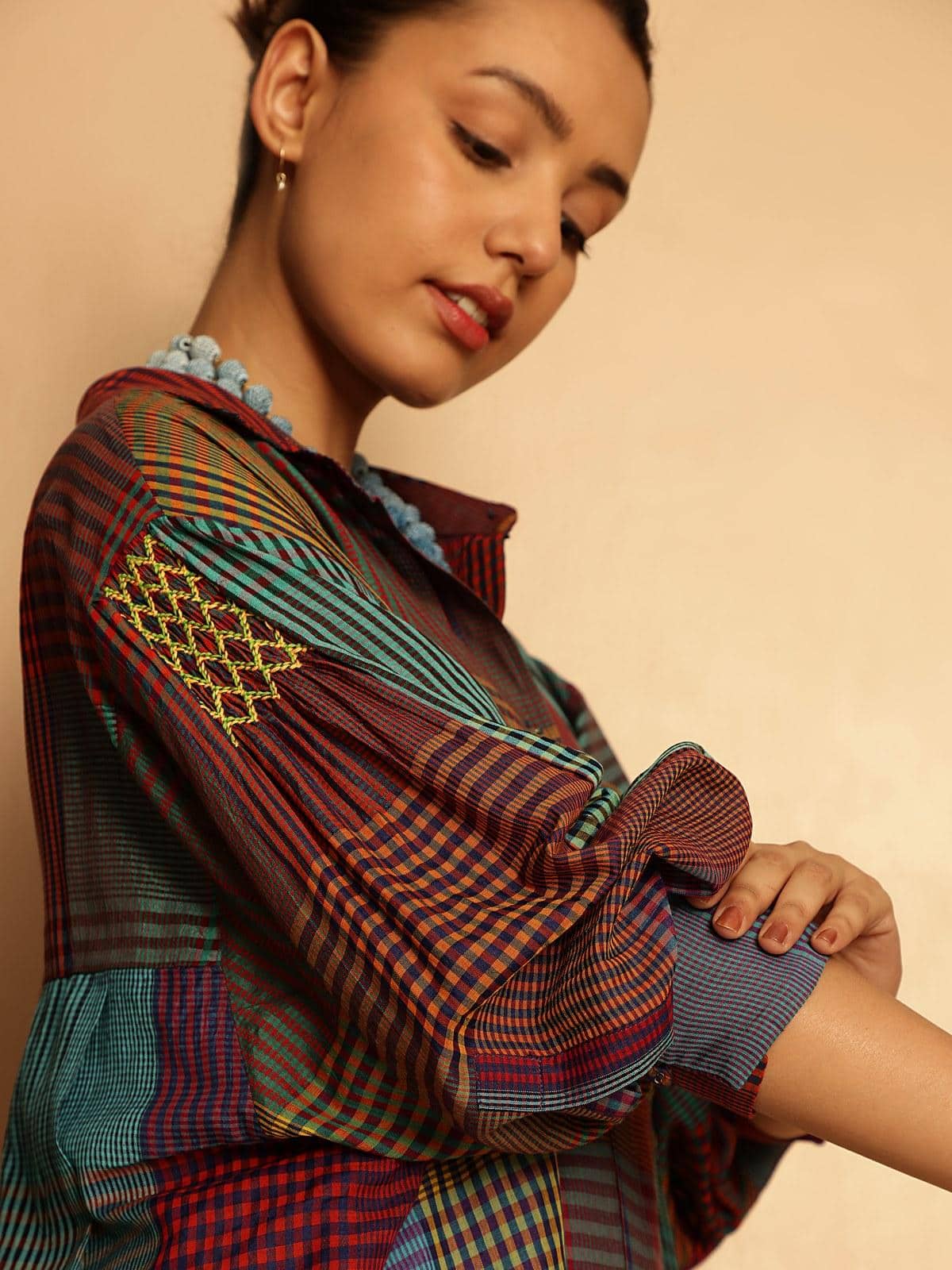 Blue silk cotton Bengal Jamdani long shirt detail shot focusing on handwoven Jamdani design and fabric finish