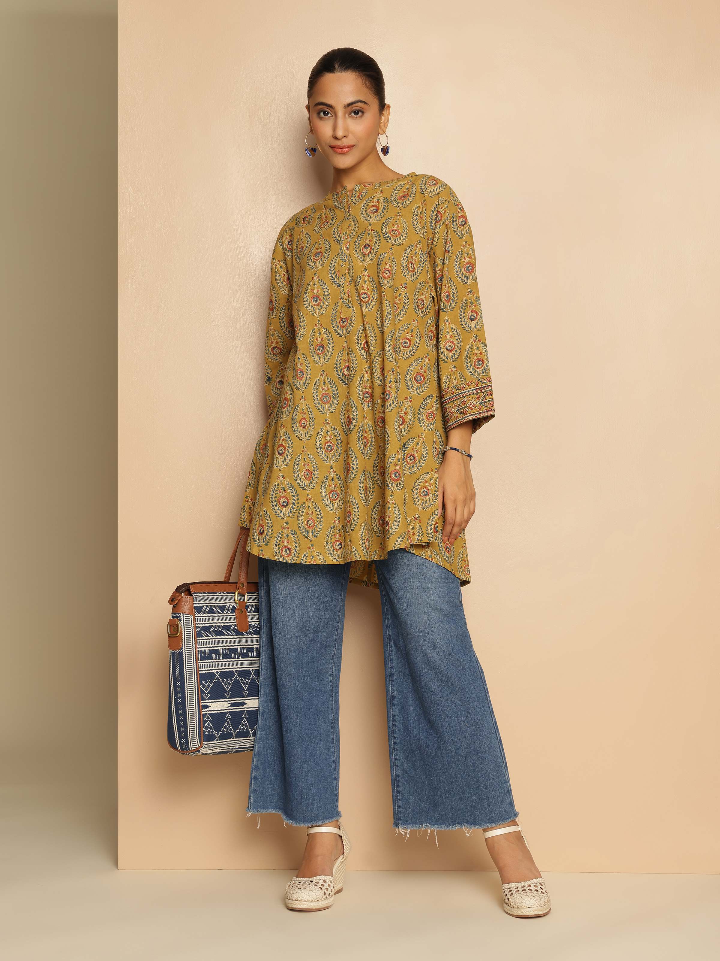 Yellow Cotton Kalamkari Block Printed Tunic