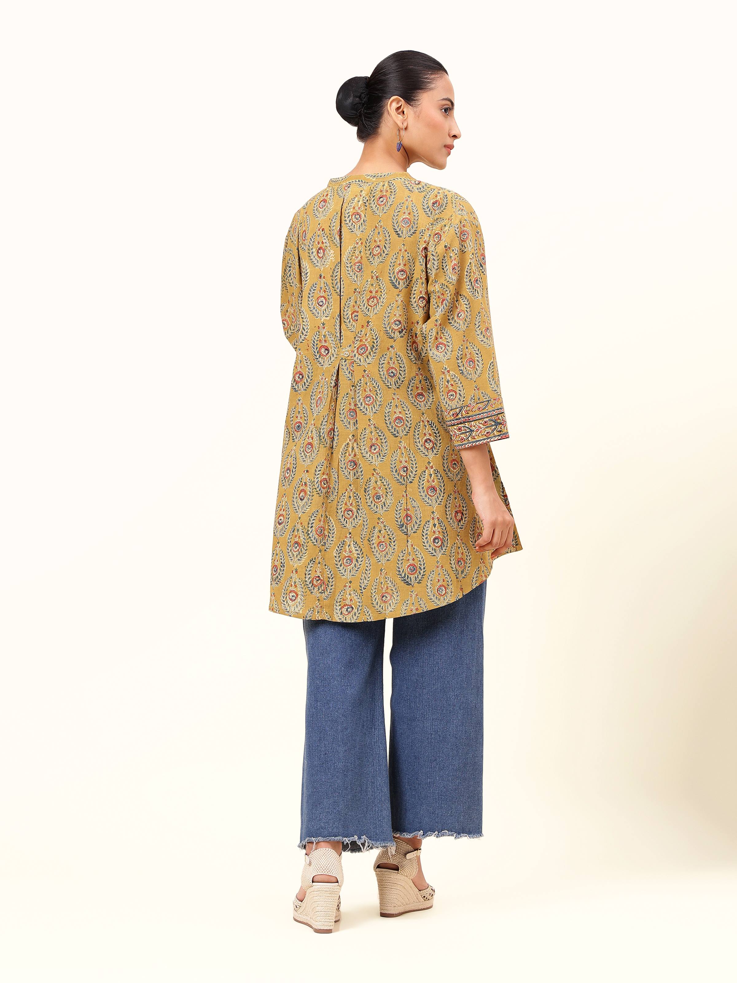 Yellow Cotton Kalamkari Block Printed Tunic