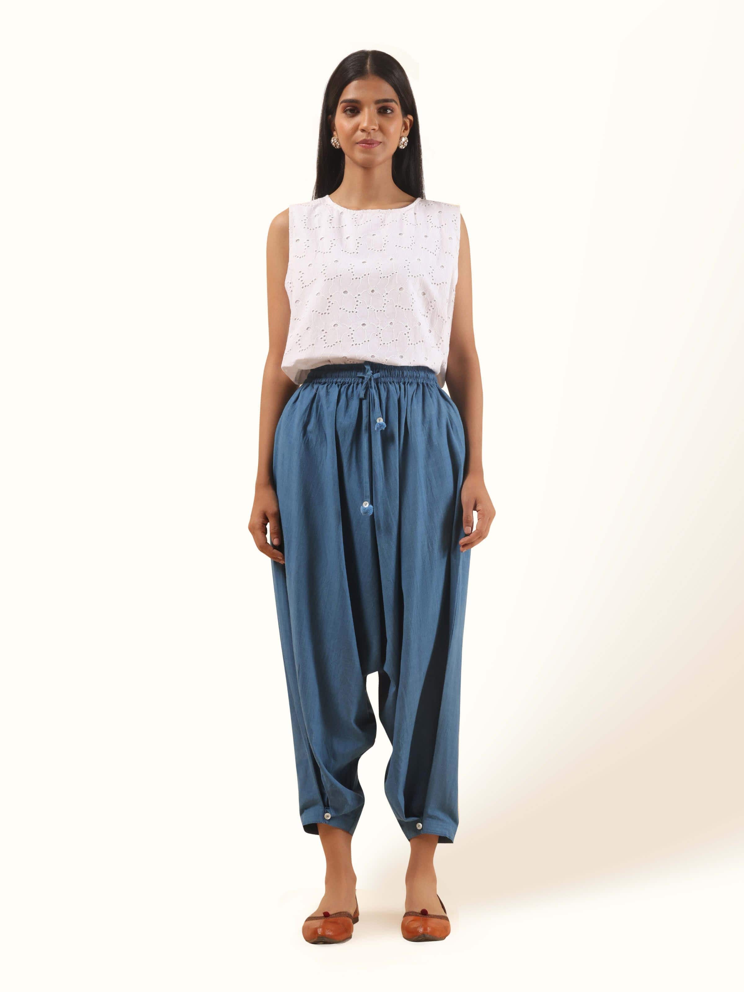 Front view of indigo cotton handloom harem pants showcasing gathered waist and relaxed drape