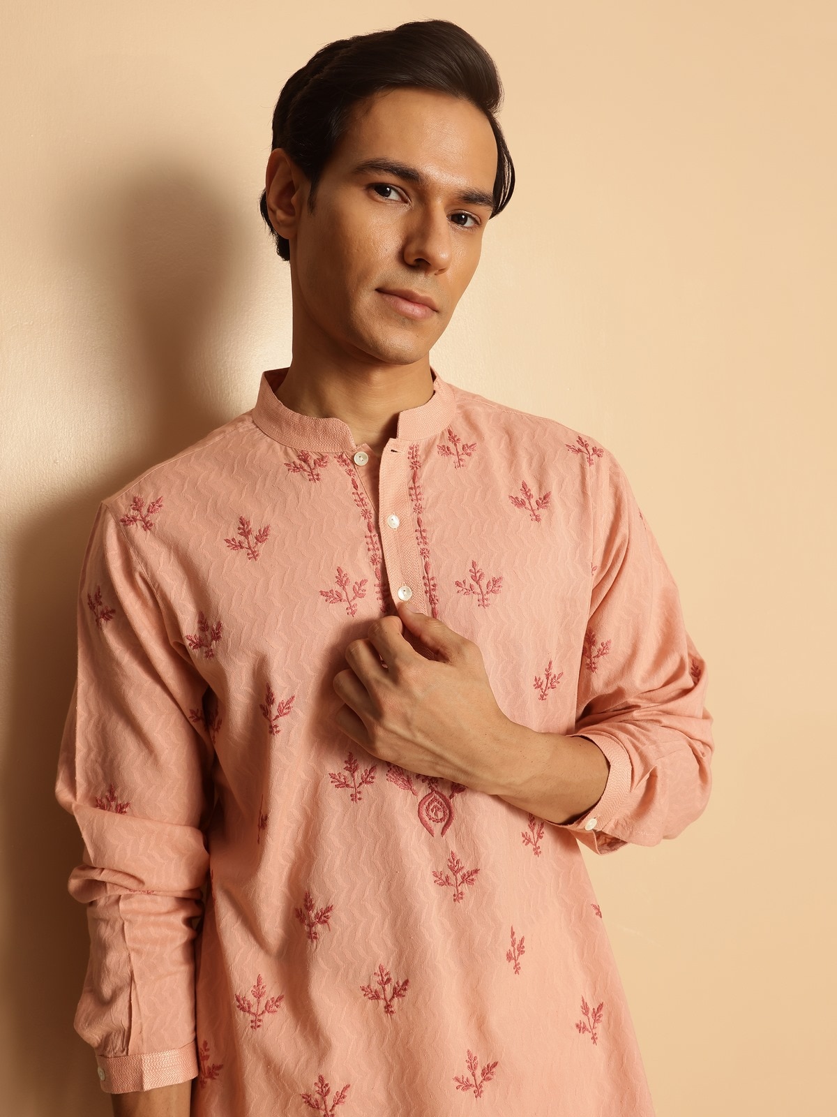 Side profile shot revealing the flattering cut and easy-going silhouette of this charming kurta.