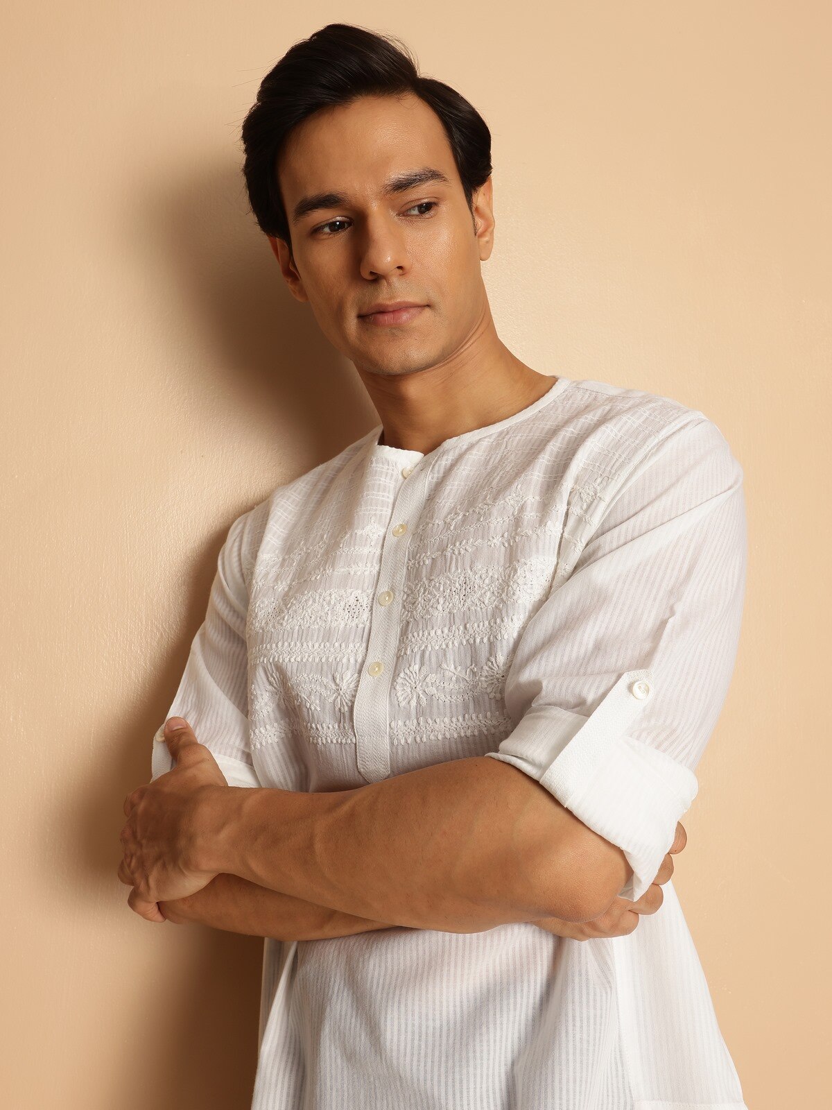 Second lifestyle view of chikankari kurta showing comfortable fit and neckline detailing