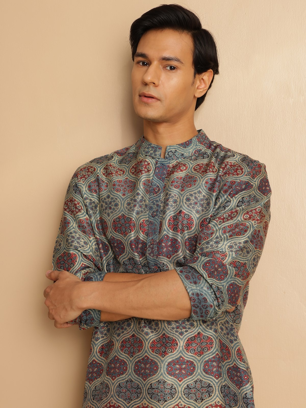 Third lifestyle view of indigo Ajrakh kurta emphasizing full-length fit.