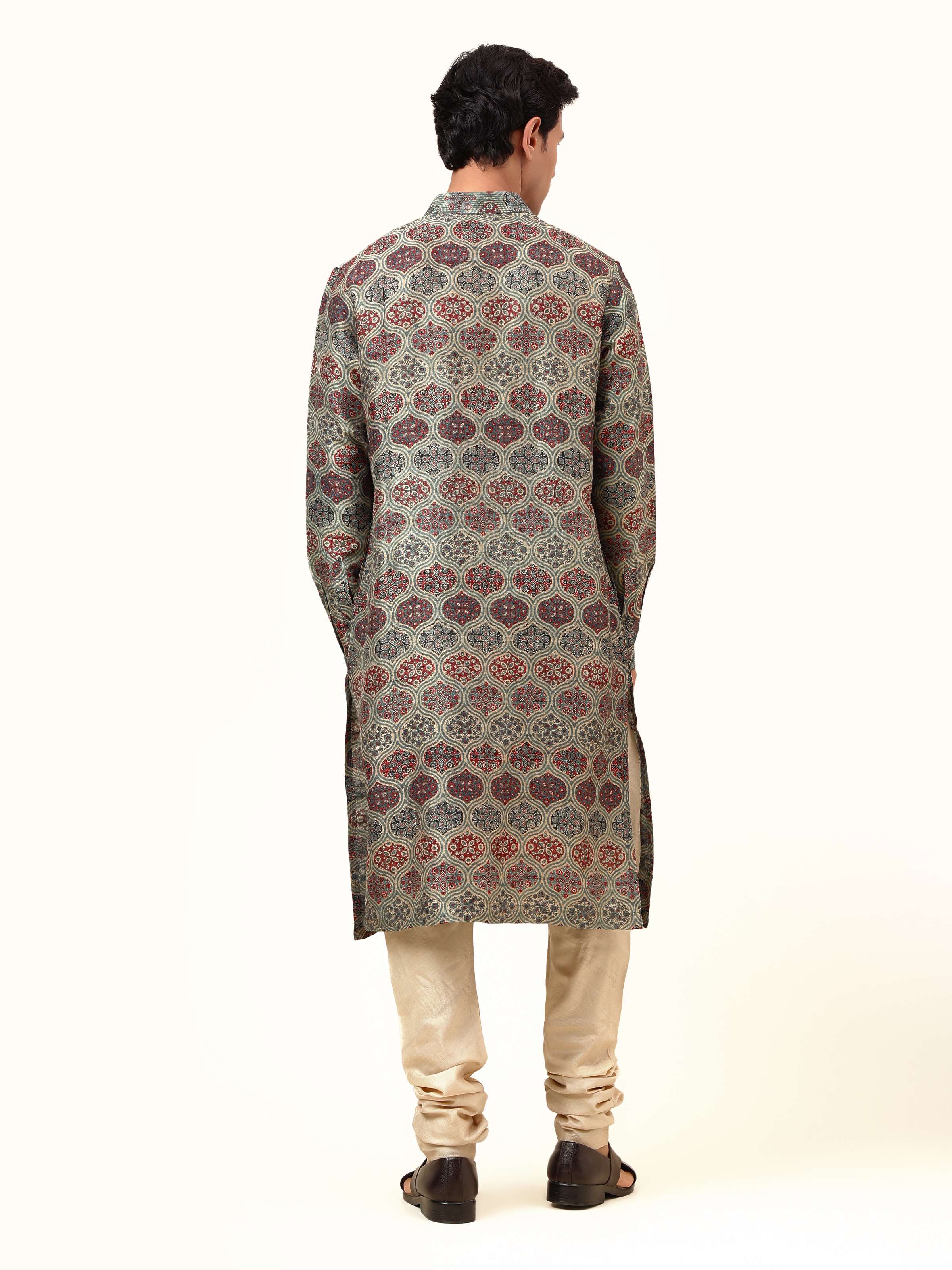Back view of indigo silk Ajrakh block printed kurta revealing rear panel design.