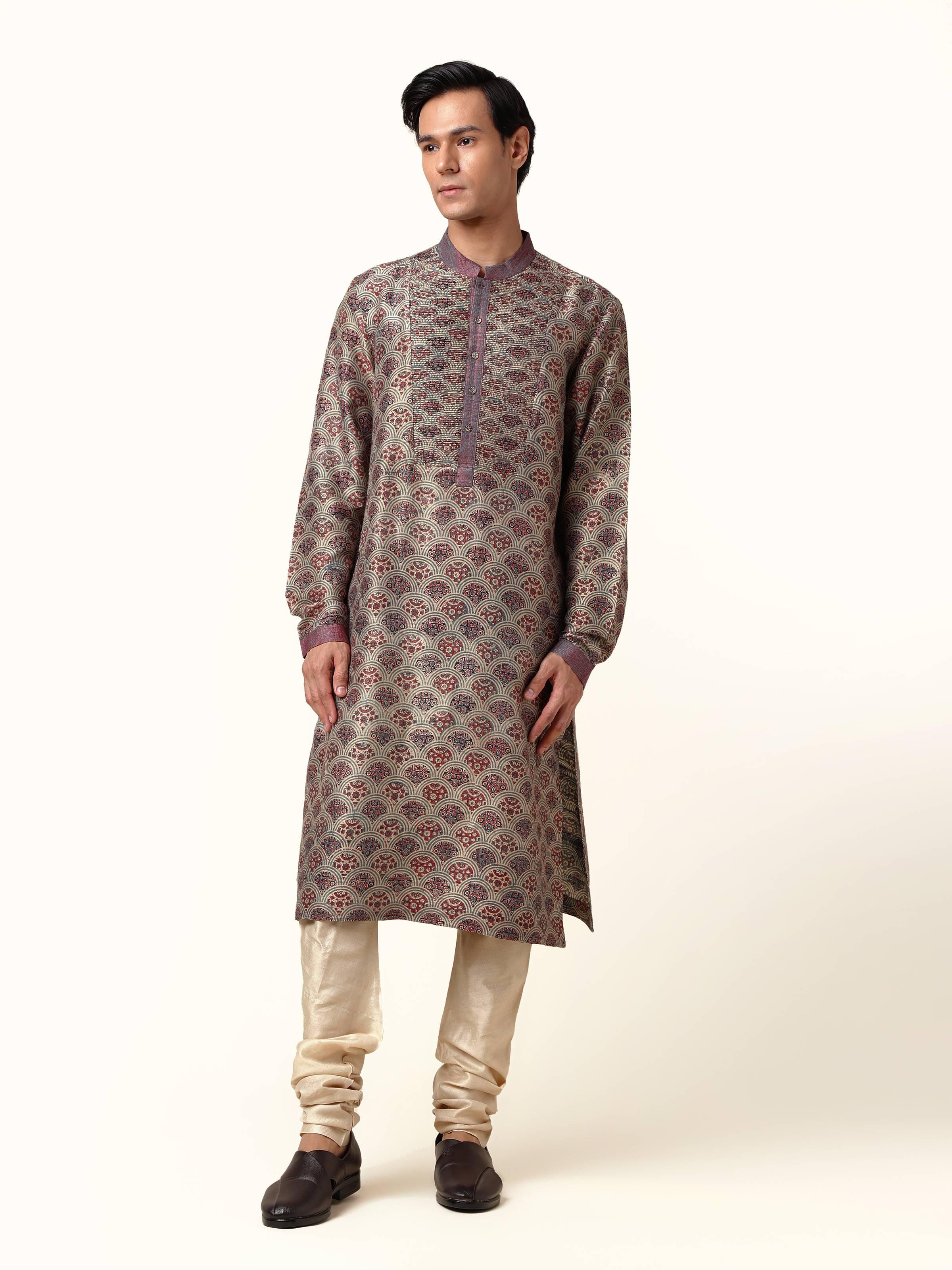 Front view of indigo silk kurta featuring Ajrakh block print and classic straight cut design