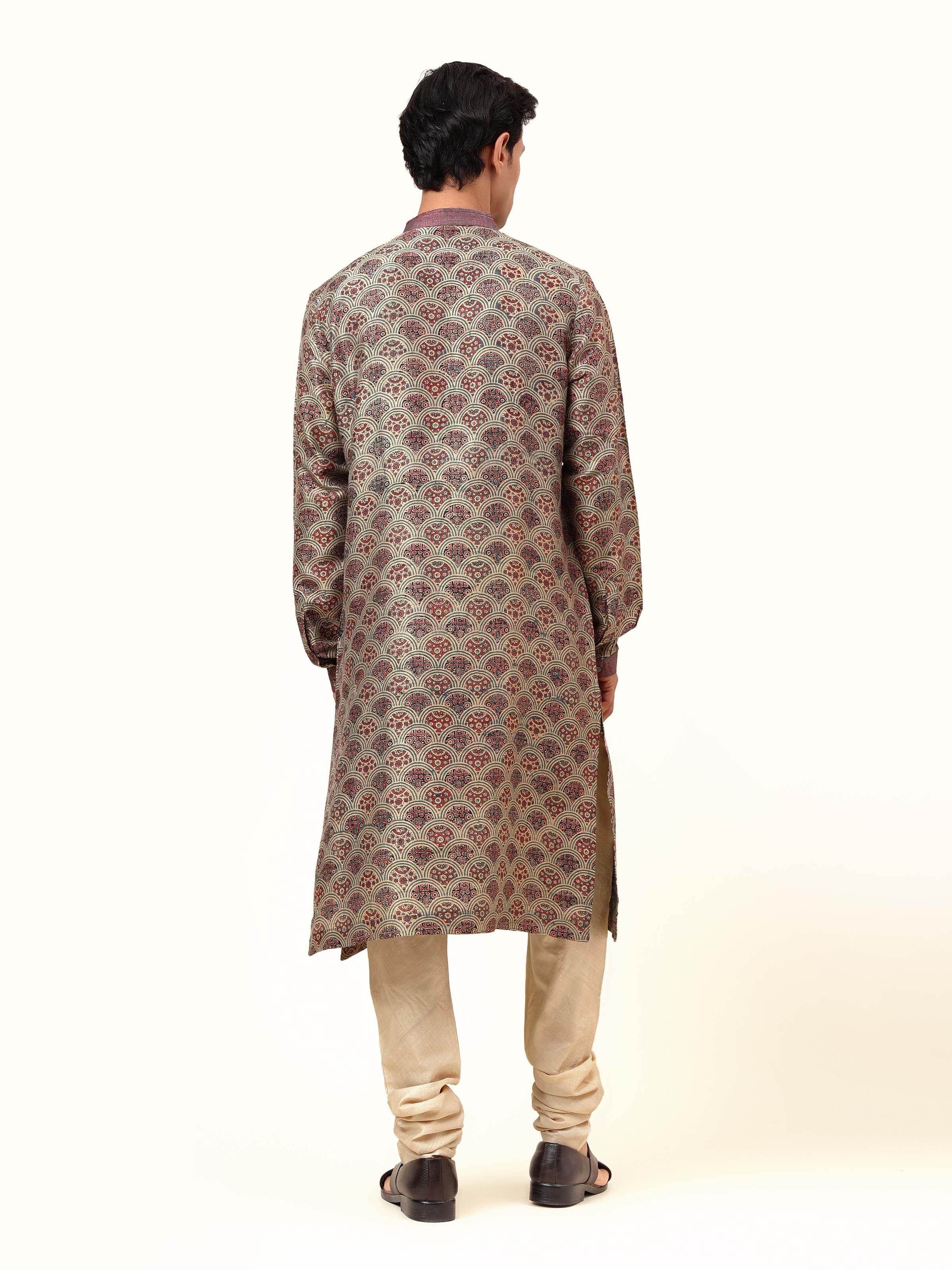 Back view of Ajrakh block printed silk kurta in indigo showing seamless pattern continuity