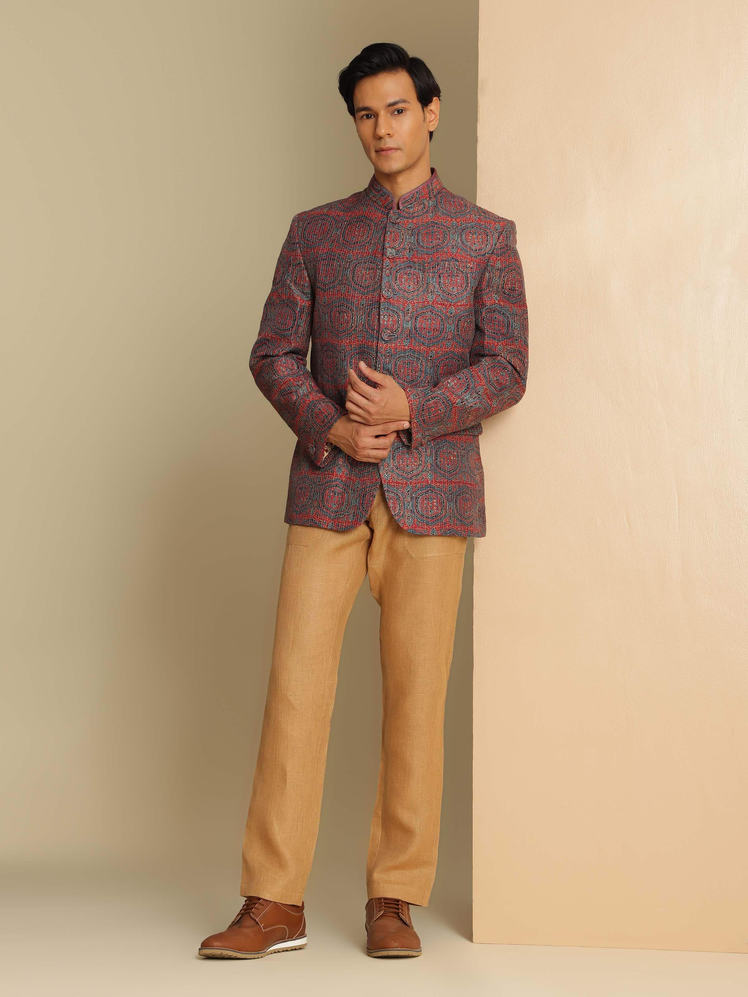 Alternate lifestyle view of indigo silk Ajrakh Bandhgala jacket showing front fit and rich print