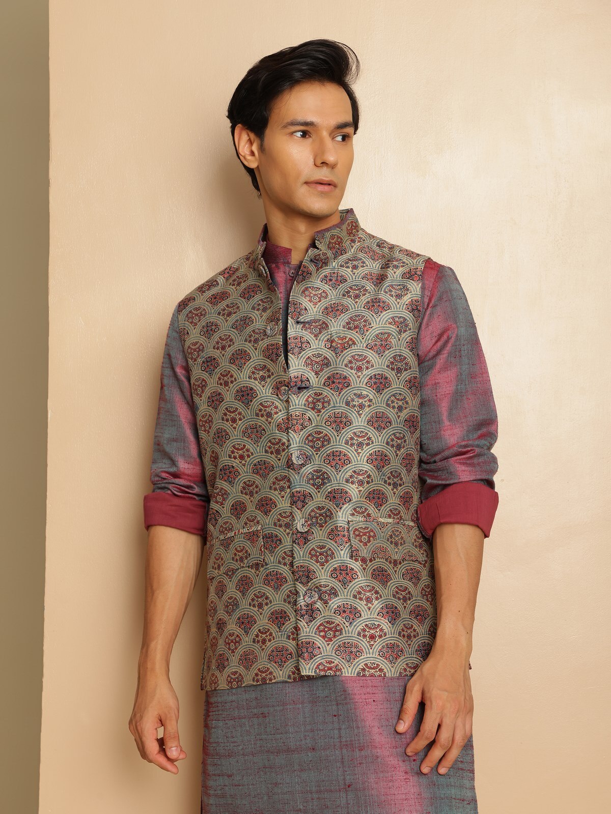 Alternate lifestyle angle highlighting the intricate Ajrakh block print details