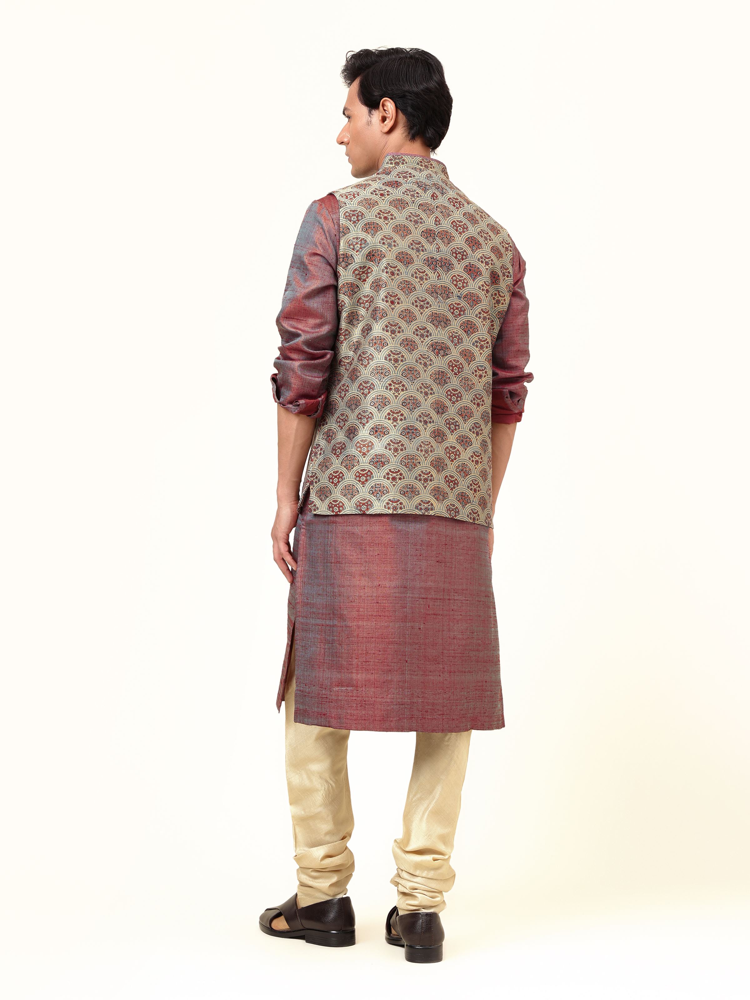 Back view revealing the full Ajrakh print design and fine silk texture
