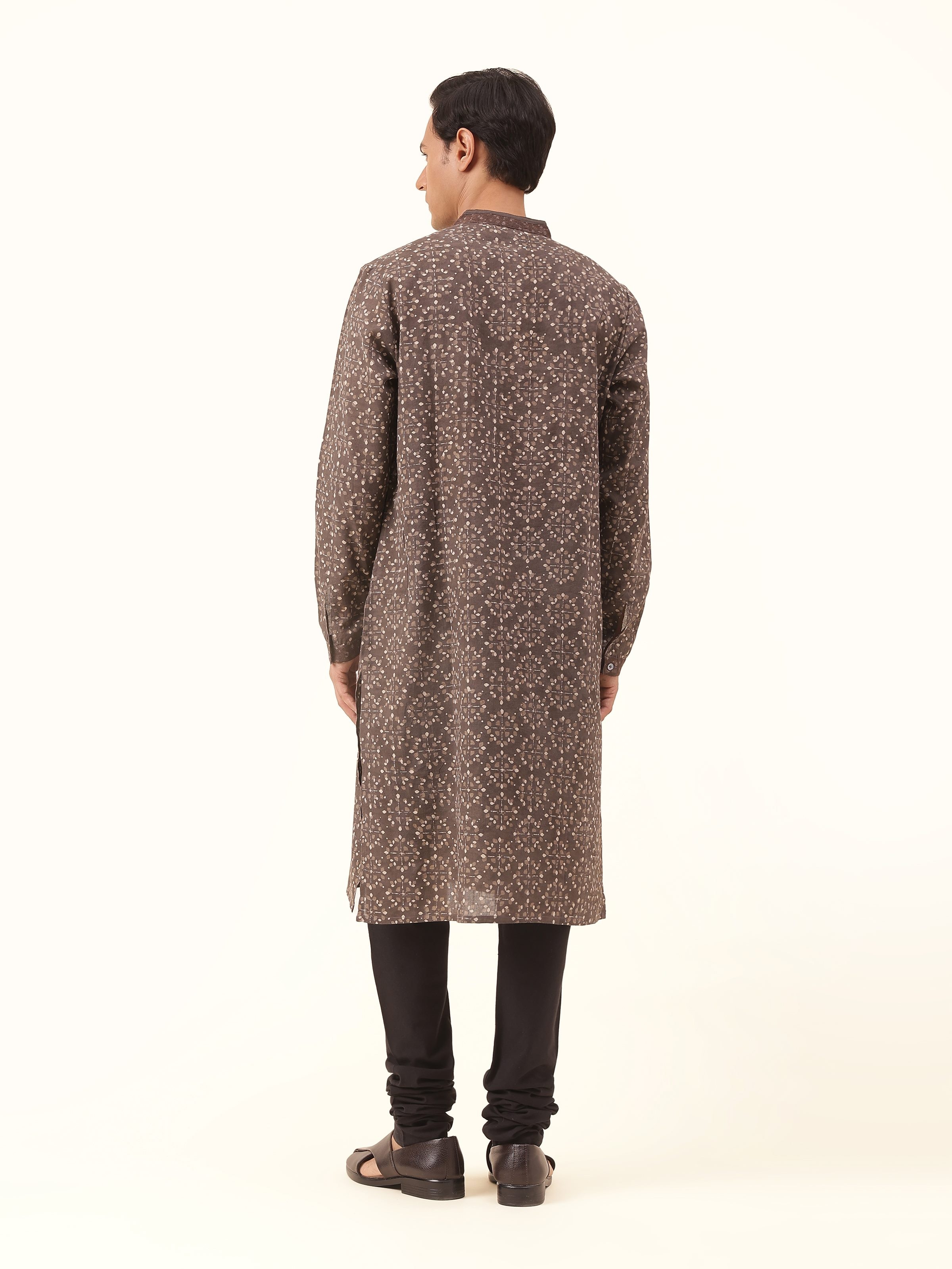 Back view of grey Dabu block printed kurta showcasing the fabric texture and length.